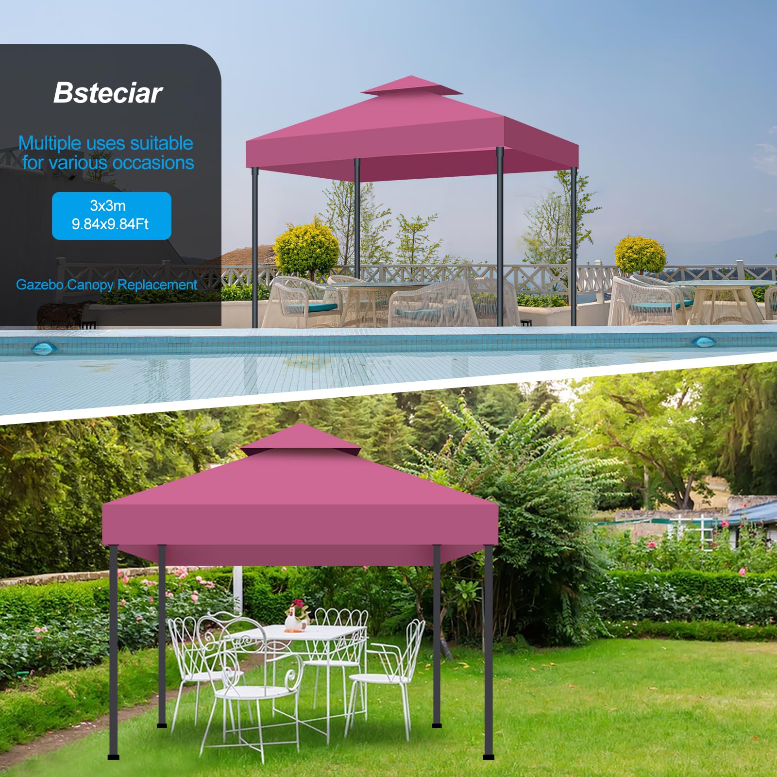 Toldo Recambio Pergola 3x3 m, Techo de Repuesto con Ventilación para Cenador de Jardín, Cubierta Amovible Lona Impermeable con Protección UV para Barbacoa, Bodas, Fiestas y Camping