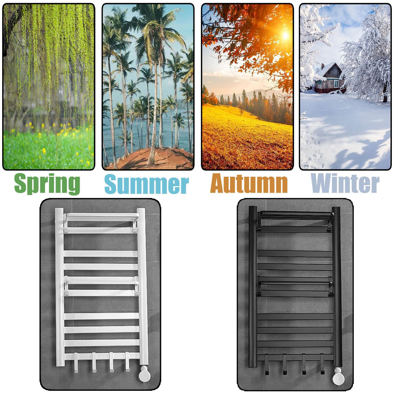 Montowany na ścianie podgrzewany wieszak na ręczniki z timerem, czarny aluminiowy stojak do suszenia z górną półką, do kontroli temperatury w łazience i wydajnego suszenia