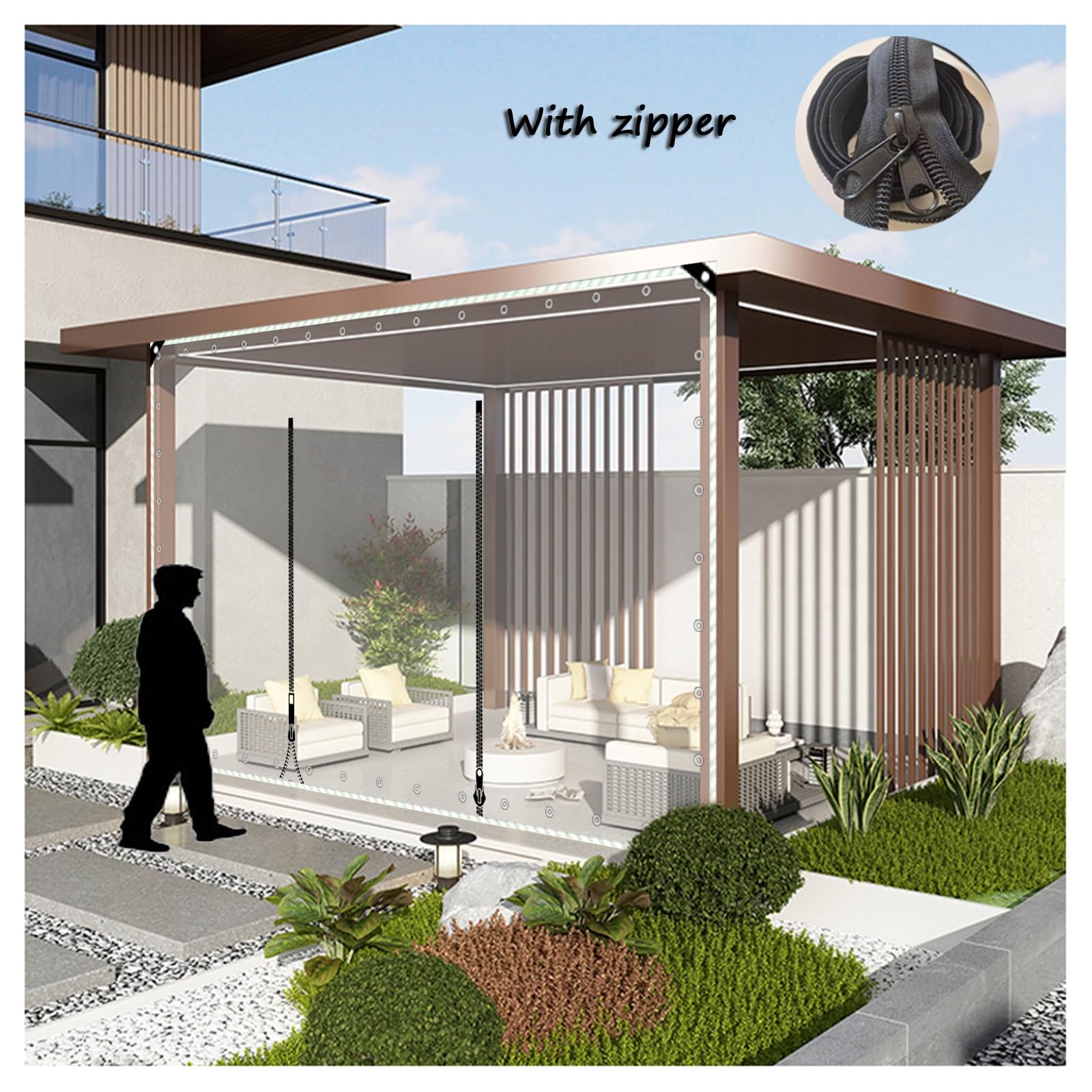 Lona transparente impermeable con puerta con cremallera para protección al aire libre, lona transparente resistente con puerta con cremallera y ojales, ideal para refugio y privacidad (2,6 x 6 m x 8,5