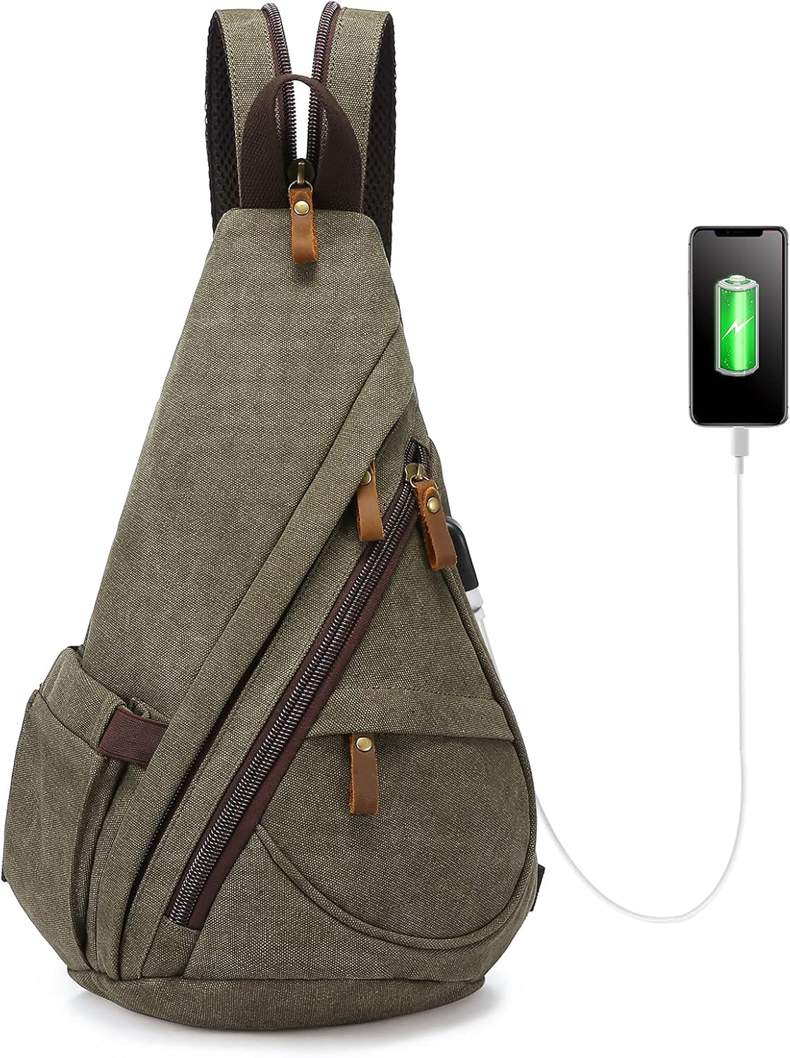 Canvas Sling Bag Backpack Crossbody Bag Backpack Chest Shoulder Bag for Men with USB Charging Port Grey