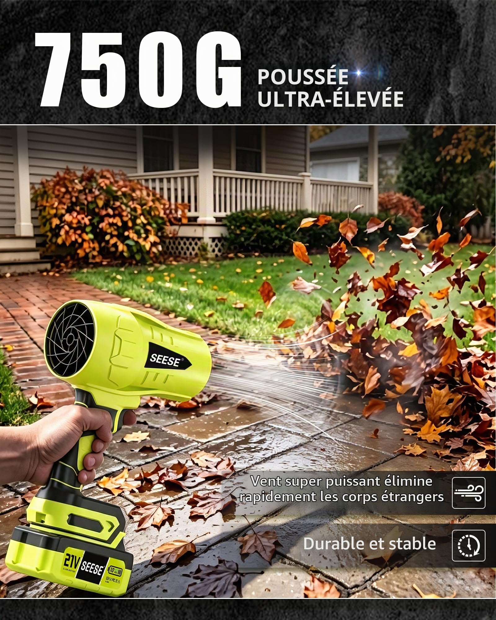 Souffleur à feuilles sans fil Turbo : 150 MPH 600 CFM, léger 0,66 kg, alimenté par batterie pour feuilles de cour, sable d'allée, séchage de voiture avec batterie 21 V 4,0 Ah et poignée ergonomique