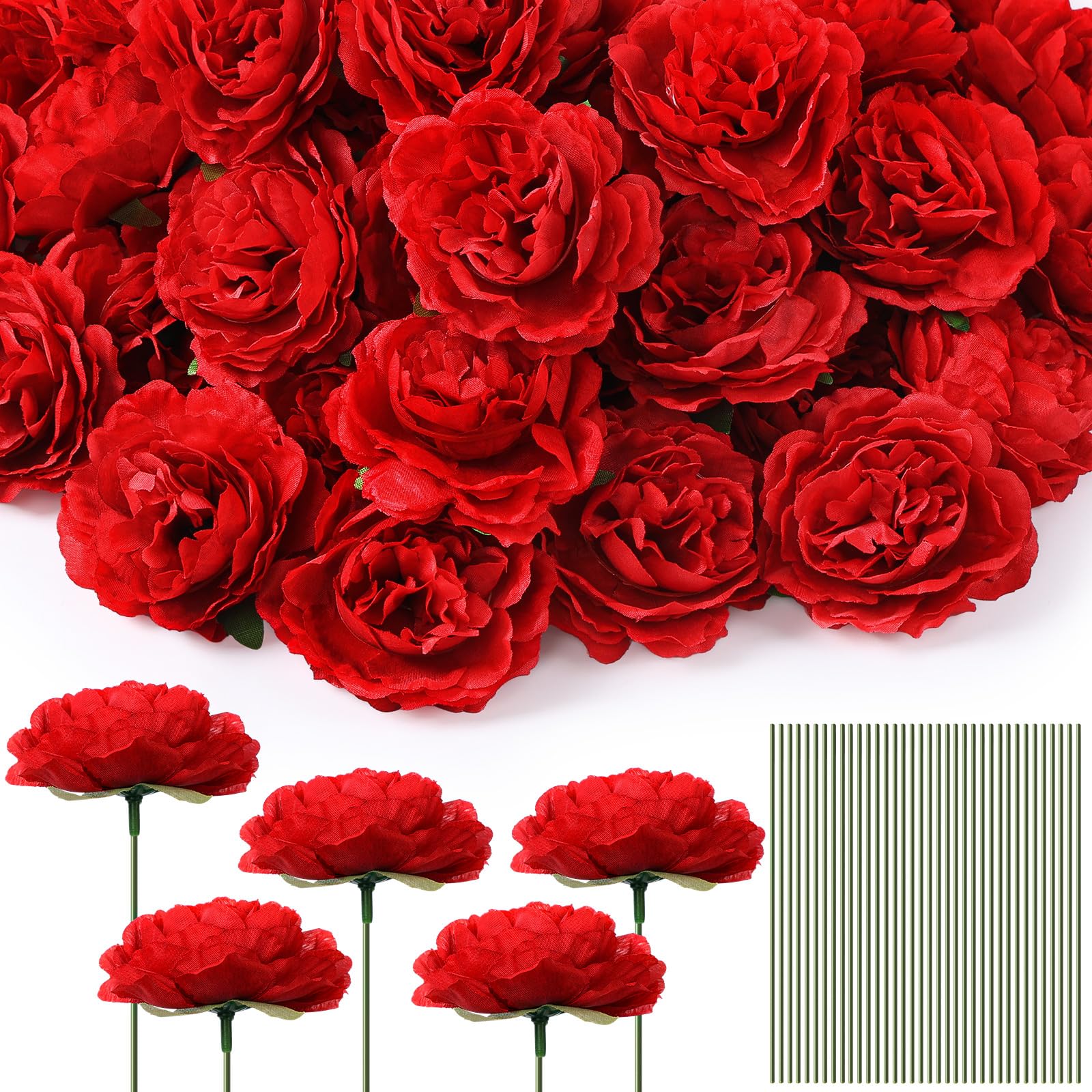 Photo 1 of Thiccywoov 100 Pcs Flowers Long Stem Artificial Rose, 3.2 Inches Silk Rose Head Flowers Fake for Wedding Bridal Bouquet Home Floral Decor DIY Centerpieces Arrangements Party Tables Decorations (Red)