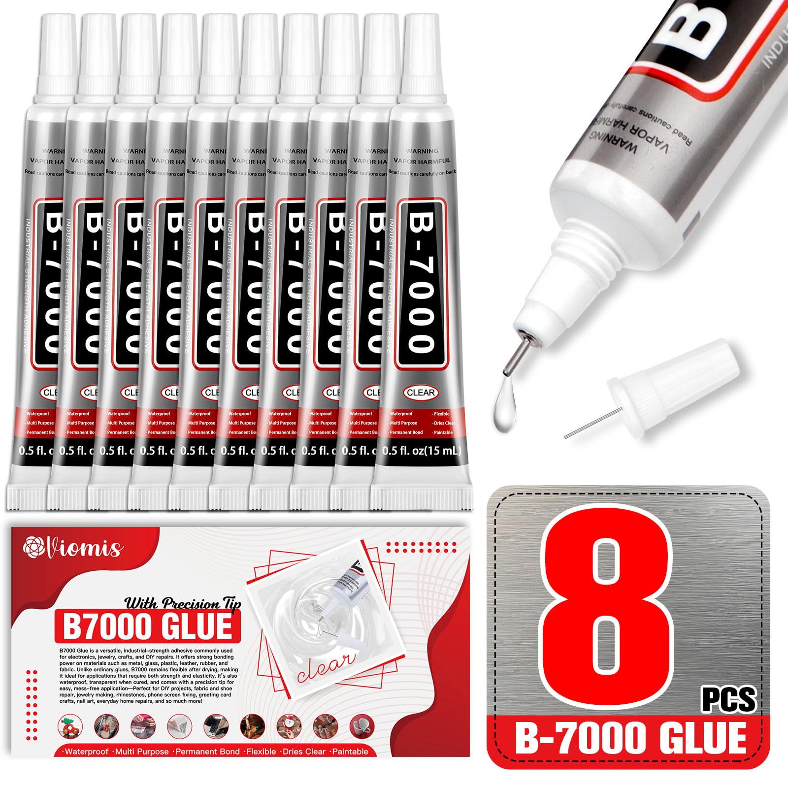 Viomis B7000 Glue Clear, 8 x 15ml Rhinestone Glue for Bedazzling Kit