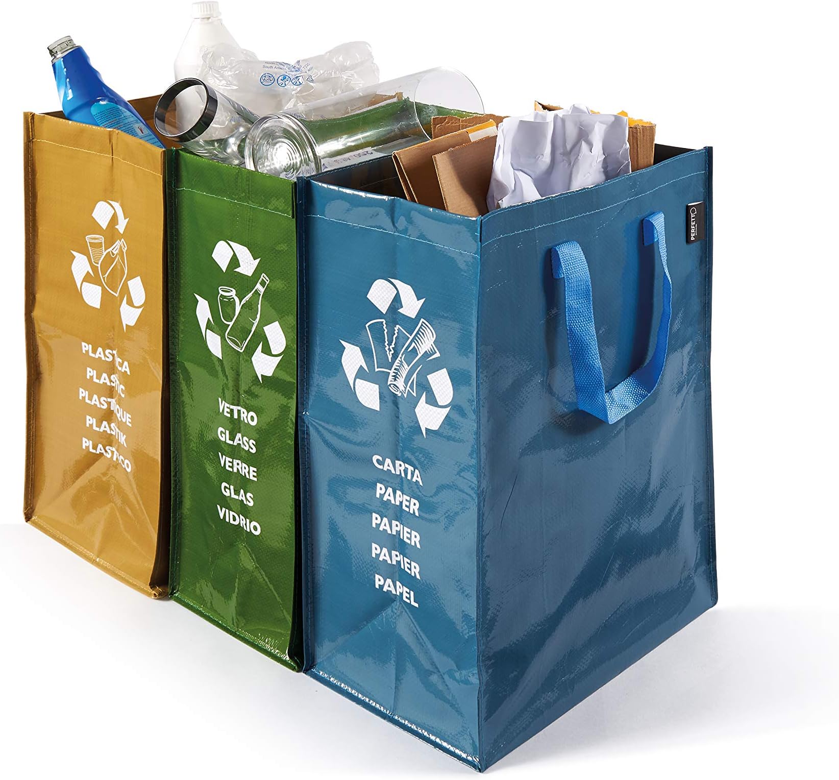 Perfect 0468D Pack of 3 Soft Recycling Containers for Paper, Glass, Plastic Multi-coloured