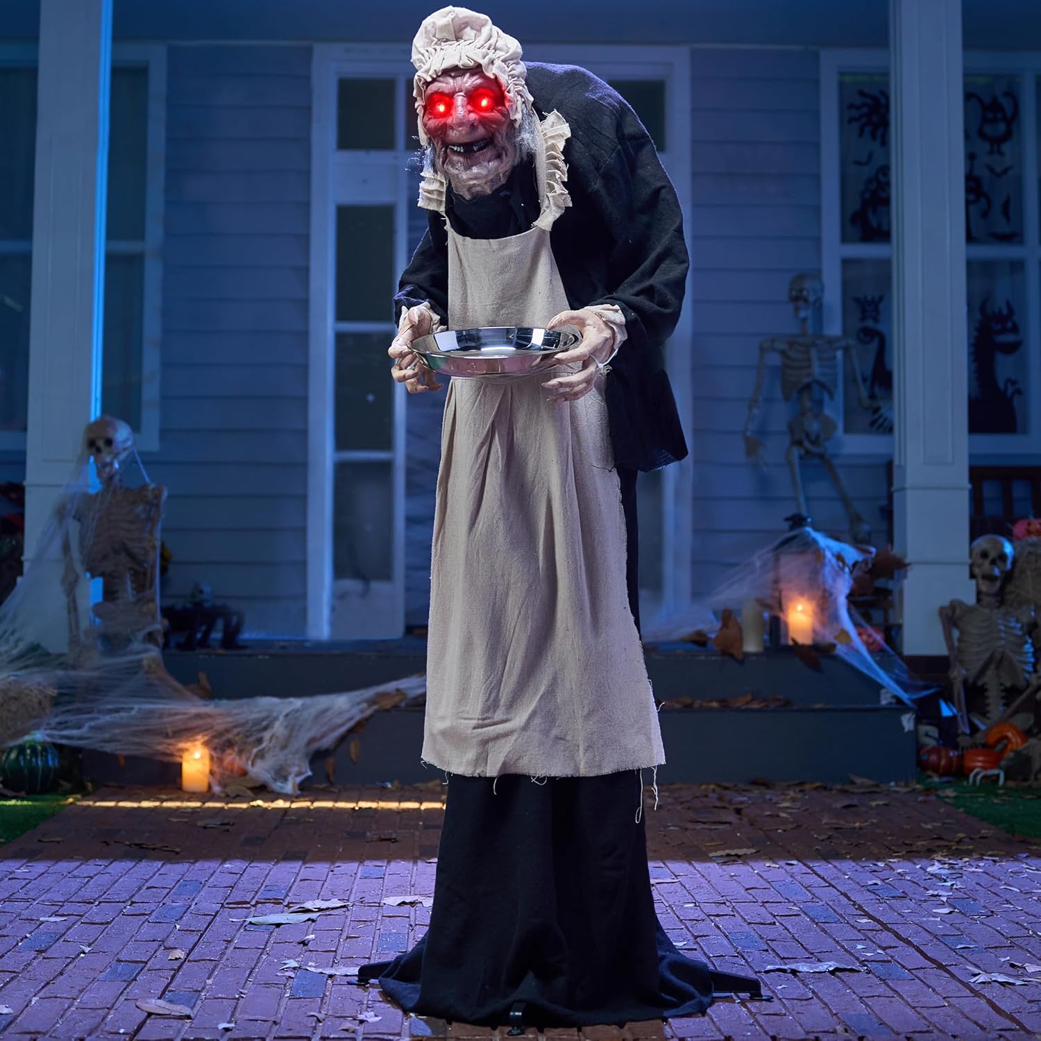 5ft Halloween Animatronics Decorations, Standing Zombie Maid with Hat, Light-up Eyes and Scary Sound Activated Prop, Scary Hunchbacked Witch Decor for Haunted House Indoor/Outdoor Yard Lawn