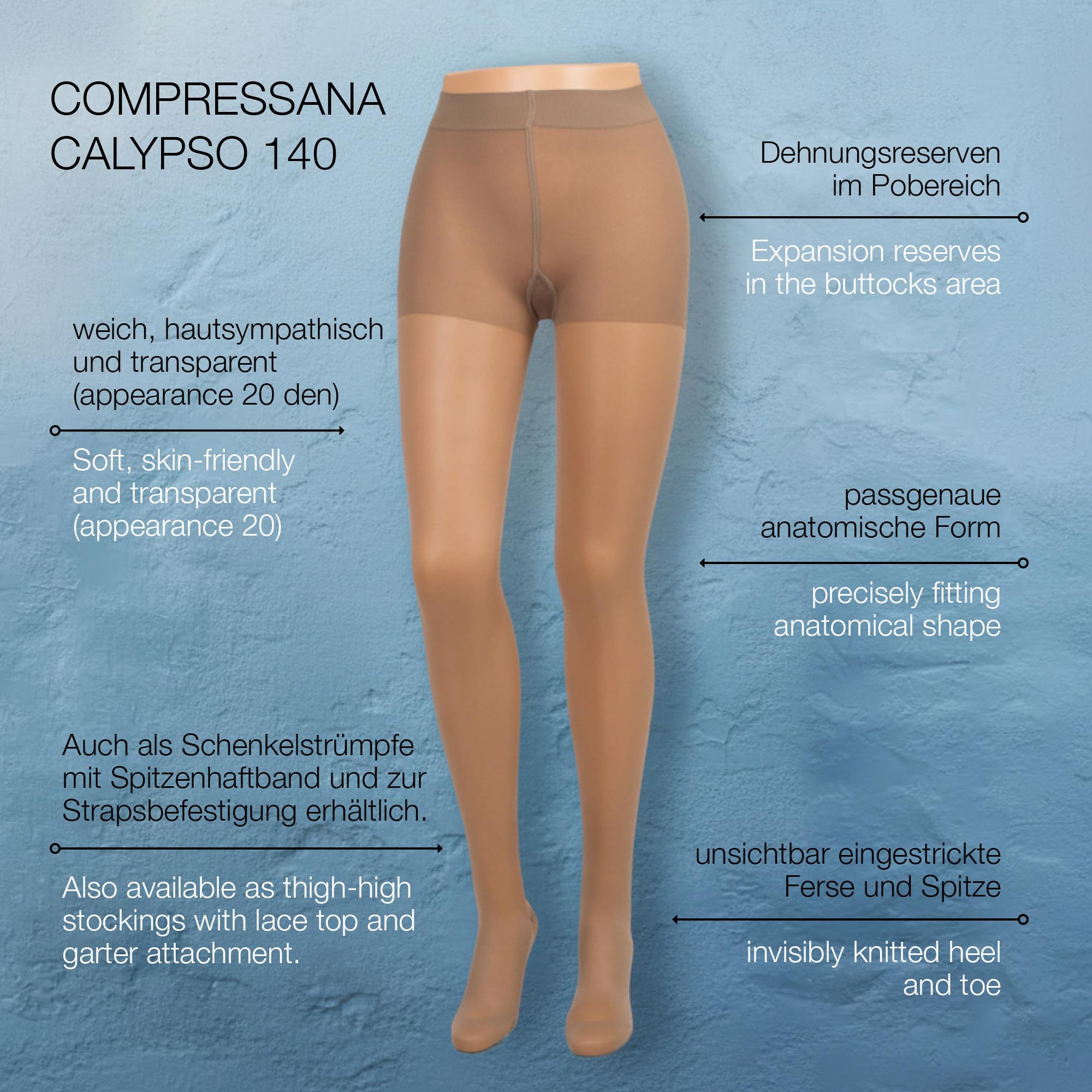 Compressana Calypso 140 denari – Collant di supporto a maglia fine – quasi opachi, motivo a rete fine e liscio – supporto efficace con compressione 15-18 mmHg (classe di supporto 3)