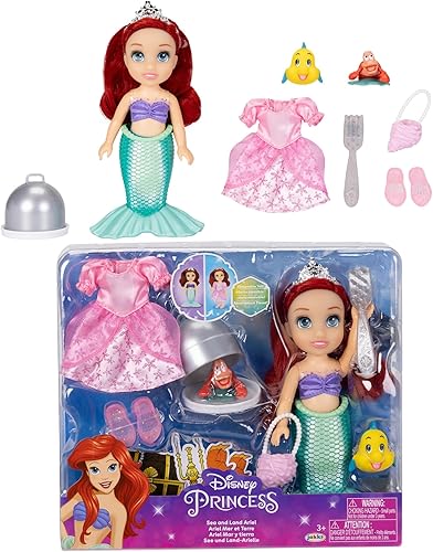 Disney Princess Muñeca Ariel Sea to Land Petite Ariel con Sebastian & Flounder, en cola de sirena y moda de vestido rosa