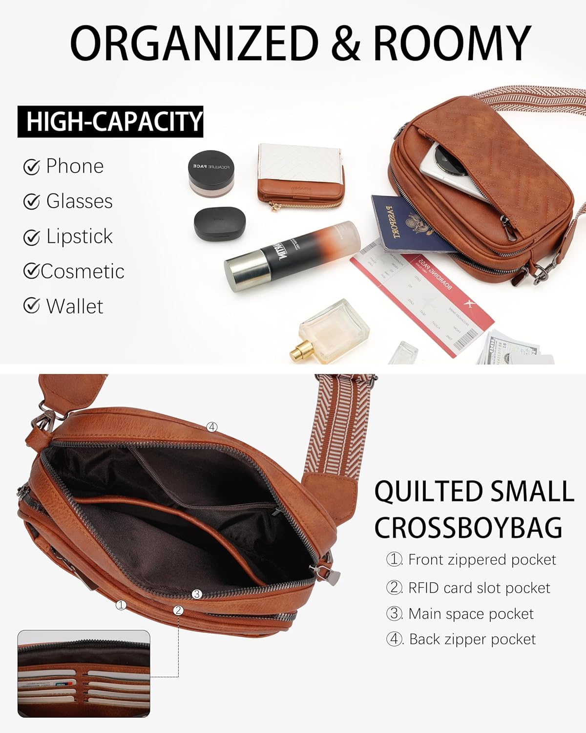 Small Crossbody Bags for Women, Quilted Vegan Leather Crossbody Purse with 8 RFID Card Slots, Adjustable Wide Strap | zipper pocket, Wide Strap, Multi Wear Way, adjustable strap, vegan leather, durable gold