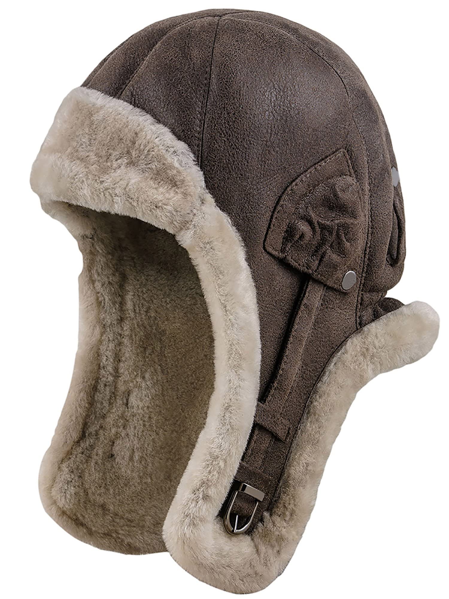 Sterkowski Trapper Cap | Genuine Shearling Leather Aviator Cap | Ushanka Trapper Hat for Men, Winter Russian Hat, Warm, Cocoa Brown, 56-57 cm