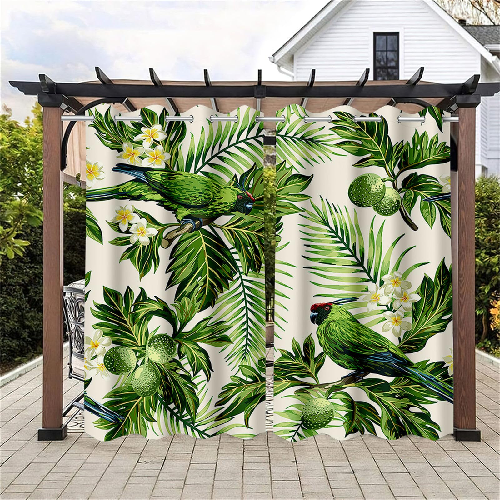 Hiseng Rideaux Extérieur Imperméable, Motif Plante Feuilles 3D Rideau Occultant Isolant Thermique 2 Pieces Rideau d'Extérieur pour Pergola Terrasse avec Oeillet (137x243cm,Plumeria)