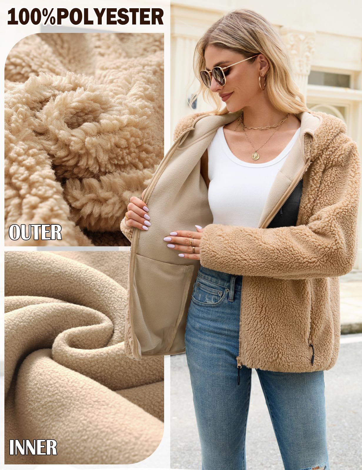 Tuopuda Sudaderas con Capucha Mujer de Forro Polar Manga Larga Sudadera con Bolsillos Sudadera con Cremallera Caliente y Esponjoso Chaquetas Otoño Invierno