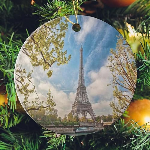 Miniatura 5 de Adorno de Navidad 2023, recuerdo de cerámica, decoración de árbol de Navidad, recuerdo redondo, torre Eiffel durante la primavera, París, para árbol