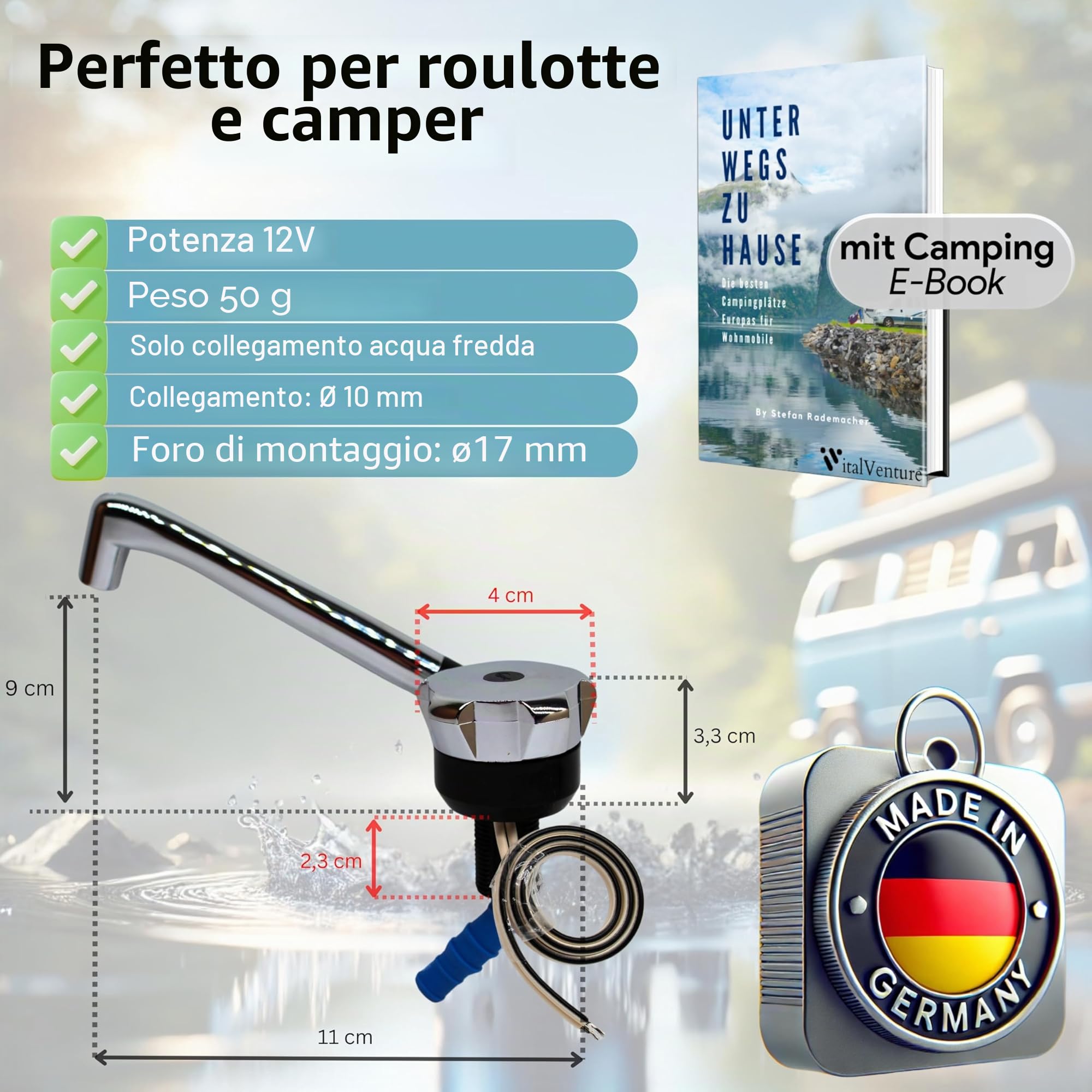Comet - Rubinetto da campeggio NOVO 12 V per camper, con attacco da 10 mm (freddo), nero, cromato, rubinetto compatto con pompa, ideale per lavabo