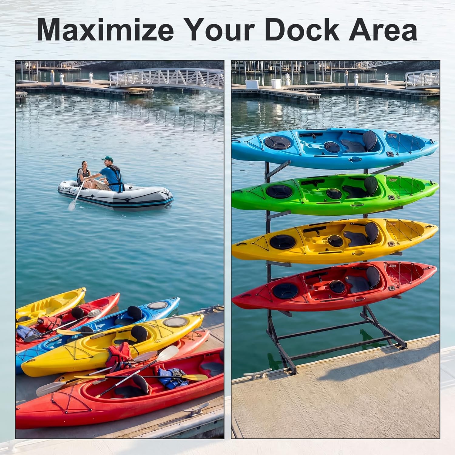 LILYPELLE Dock Mount Kayak Storage Rack, 4-Tier Heavy Duty Kayak Rack 400lbs Capacity, Kayak Holder for Dock, Outdoor Storage, Adjustable Kayak Dock Rack for Kayak, SUP, Canoe, Paddle Board
