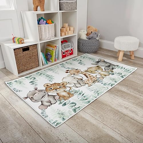 HawSkgFub Alfombra de área de juegos de animales de selva africana para niños y niñas pequeños, elefante, jirafa, león, cebra, antideslizante,