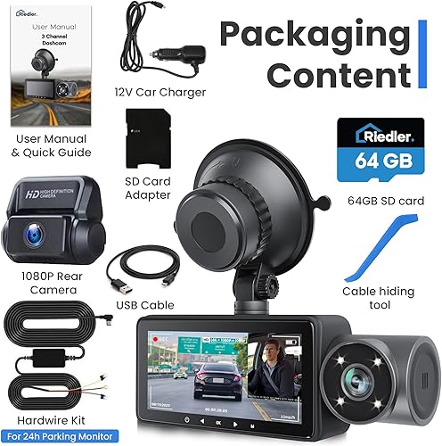 Miniatura 9 de Riedler Cámara de tablero de 3 canales 4K1080P frontal, trasera e interior con kit de cableado incluido y tarjeta SD de 64 GB, GPS Wi-Fi integrado,