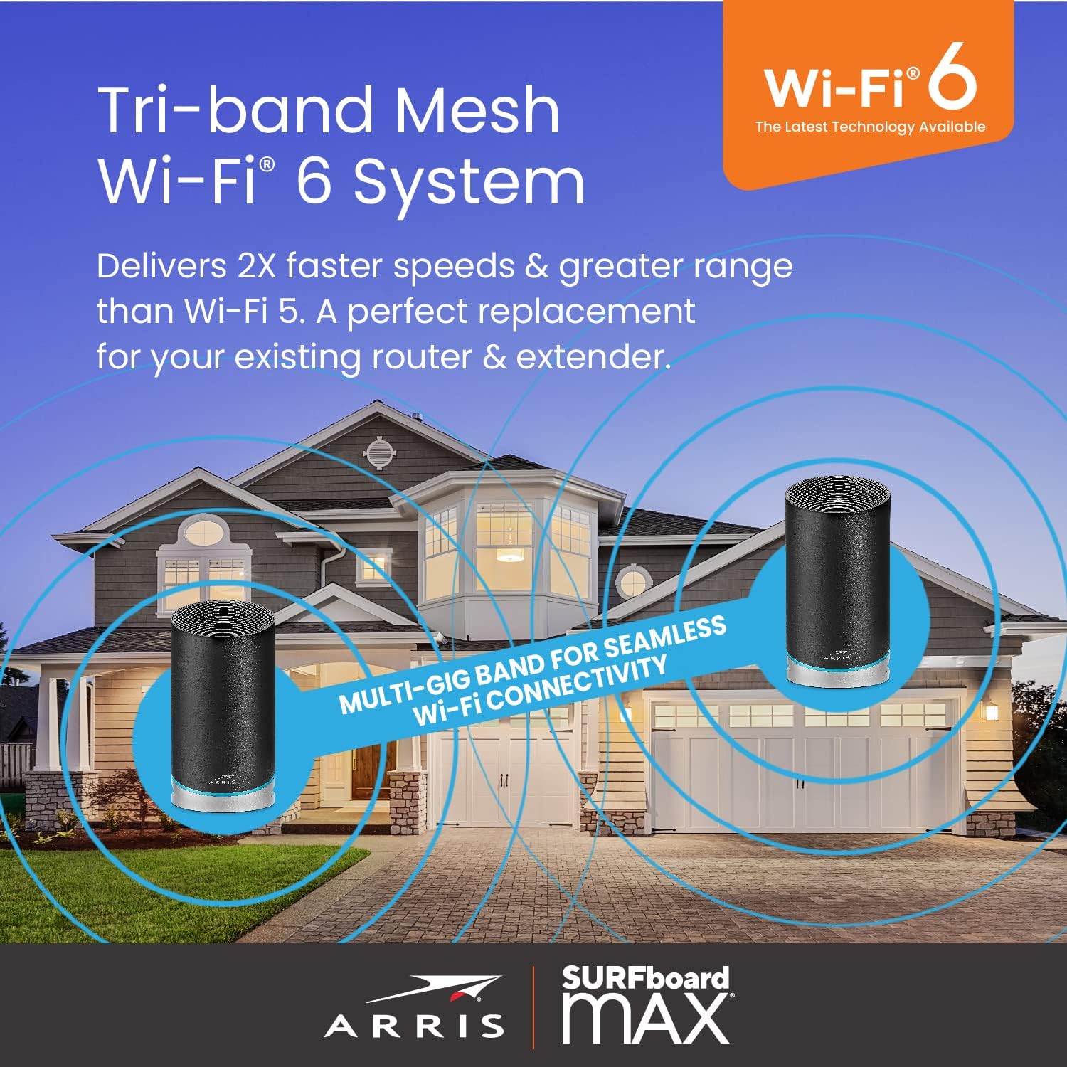 ARRIS SURFboard mAX W130 Tri-Band Mesh Wi-Fi 6 System | AX7800 Wi-Fi Speeds up to 7.8 Gbps | Coverage 6,000 sq ft | 4.8 Gbps Backhaul | Four 1 Gbps Ports per Node | Alexa Support | 2 Year Warranty