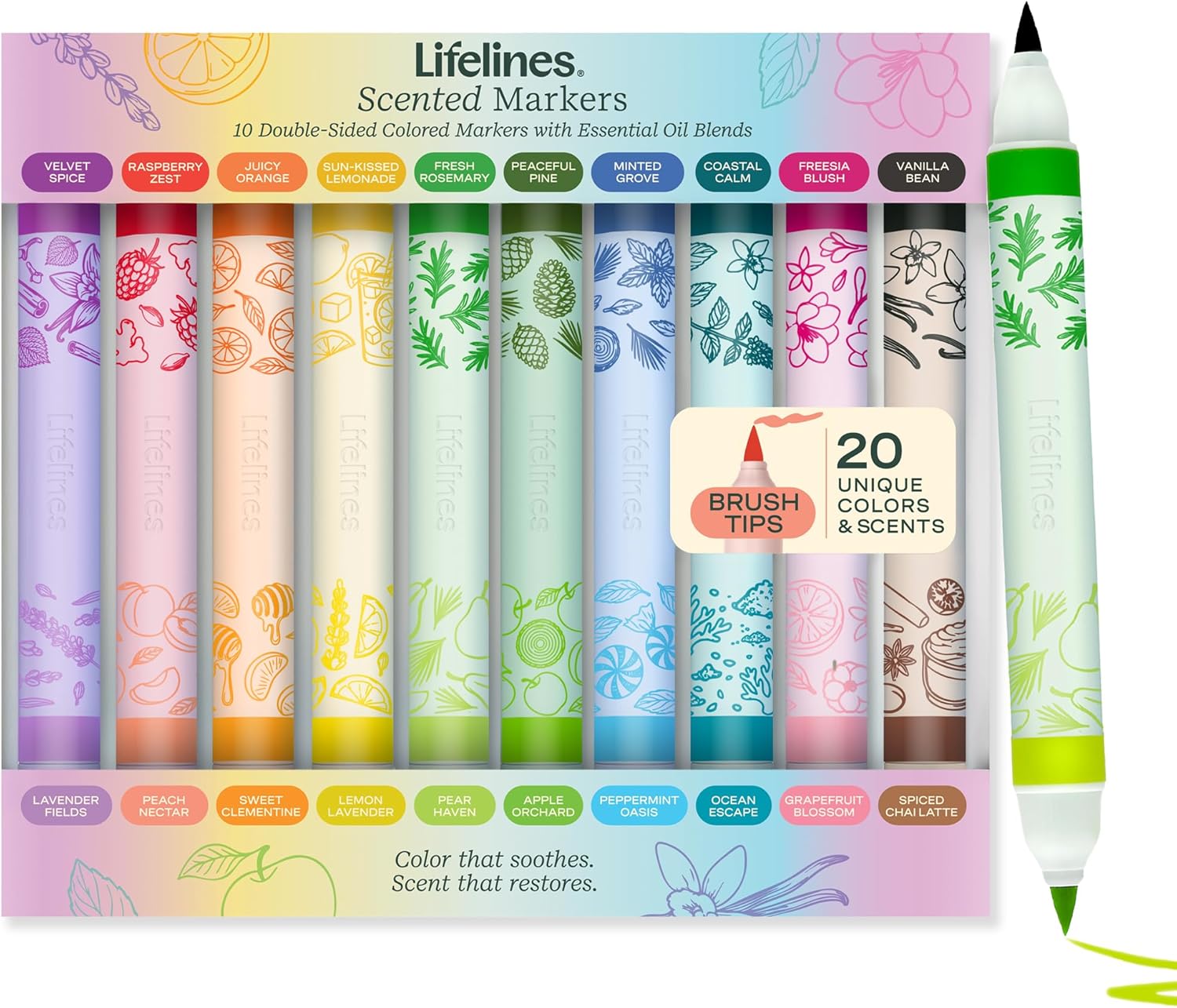 Lifelines Scented Colored Markers, 10 Double-Sided Markers with 20 Colors & Scents - Color Marker Set Infused with Essential Oil Blends for Arts & Crafts, Coloring Books & School Supplies