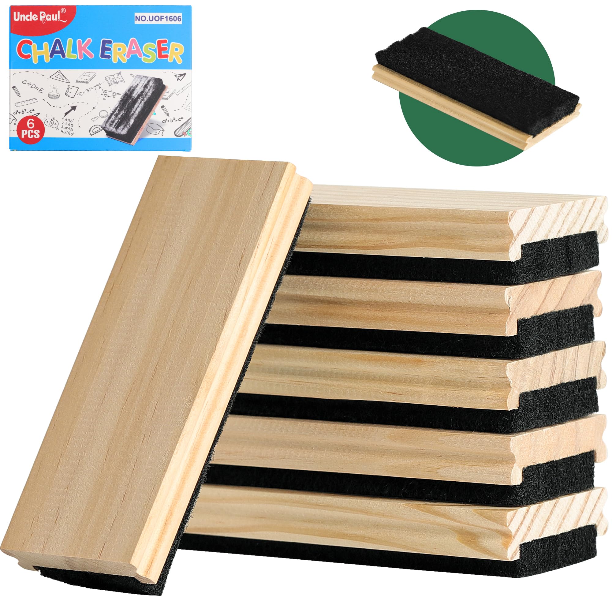Borrador de pizarra 6 PCS Fieltro Goma con Limpiador de pino Plumero para Pizarra Blanca Oficina Material escolar