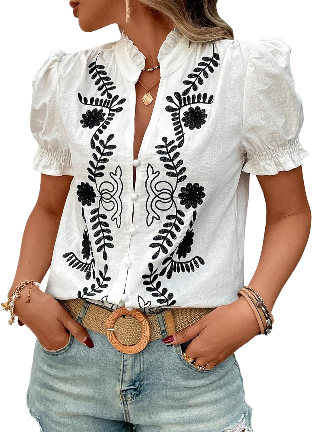 Women's Summer Tops 2026 Casual Ruffle V Neck Puff Short Sleeve Button Down Shirts Embroidered Blouses
