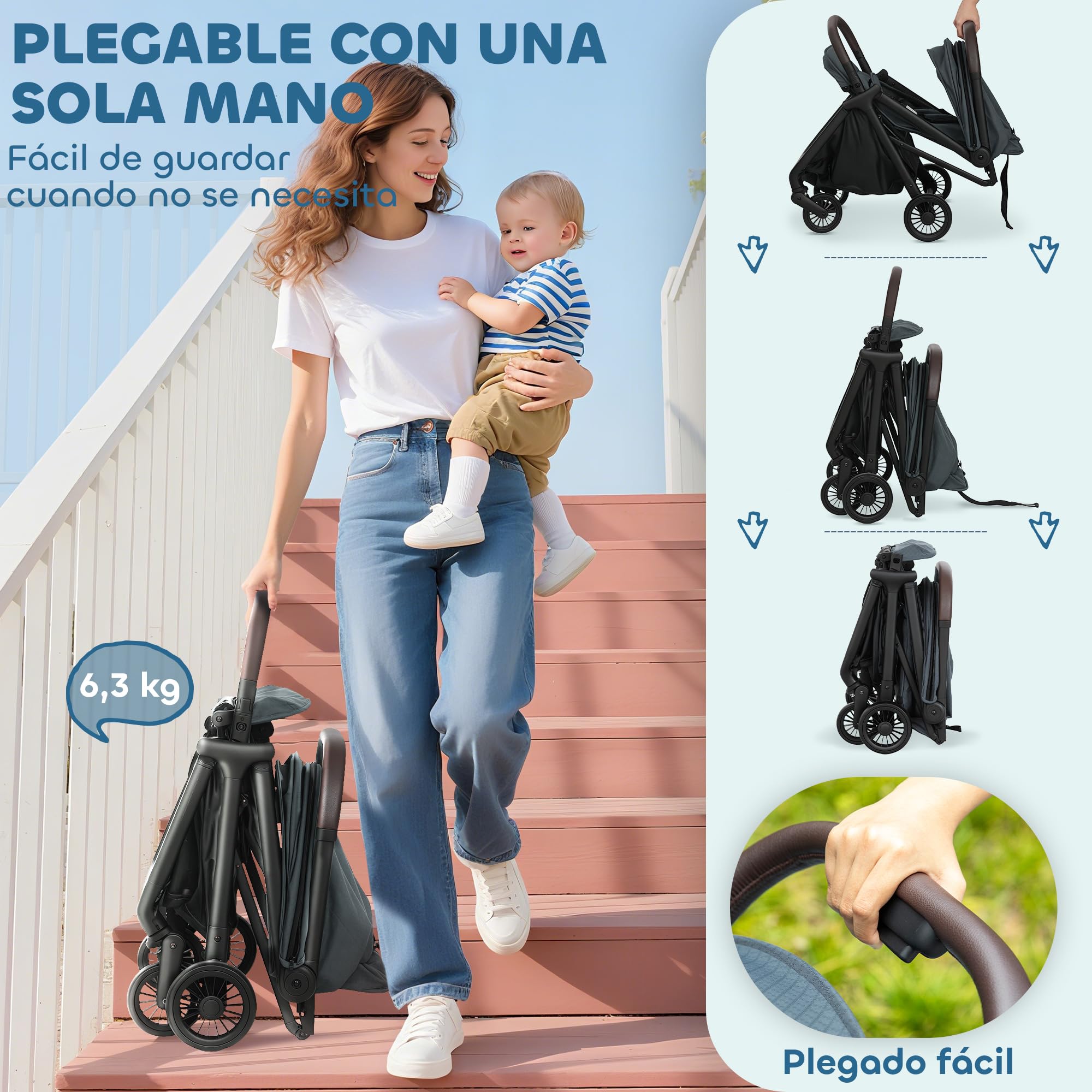 AIYAPLAY Silla de Paseo Ligera con Respaldo Reclinable y Reposapiés Ajustable, Carrito para Bebé Plegable, Capota, Arnés de 5 Puntos, Ruedas con Suspensión, Soporta hasta 15 kg, Azul Oscuro
