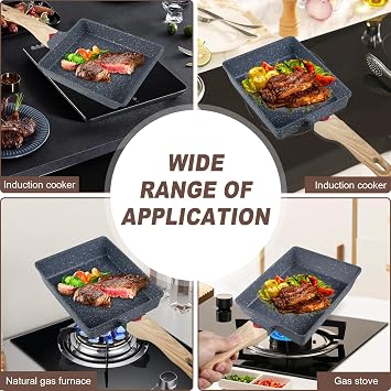 Tamagoyaki Pan Japanese Omelette Pan - Nonstick, Rectangle Egg Frying Pan with Spatula & Whisk, Wooden Handle, Dishwasher Safe, 19.6 x 16 x 4cm