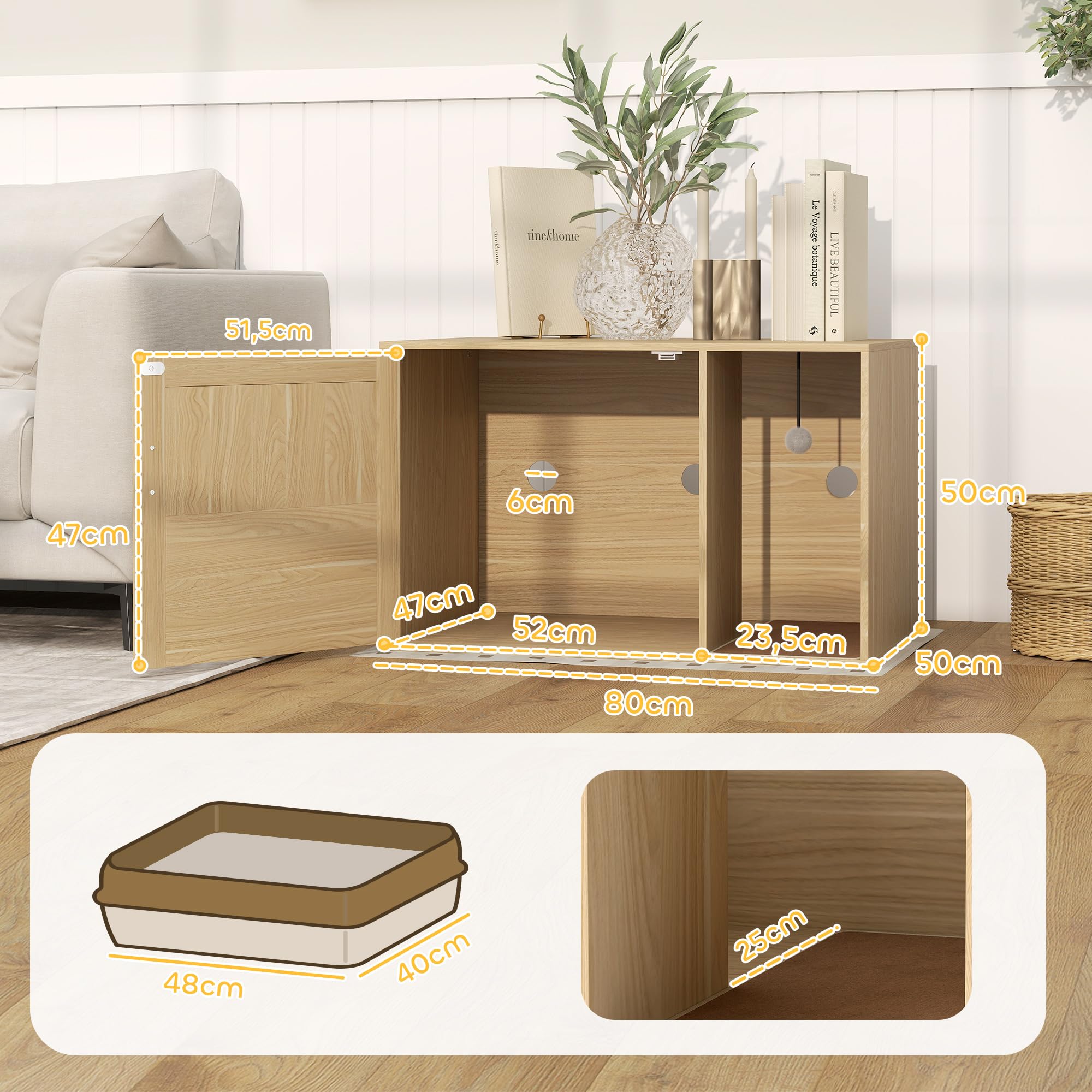 PawHut Mueble Arenero para Gatos Puerta de Ratán 80x50x50 cm Roble | Caja de Arena para Gatos, Almohadilla para Rascar, Mesa Auxiliar, Salón, Dormitorio