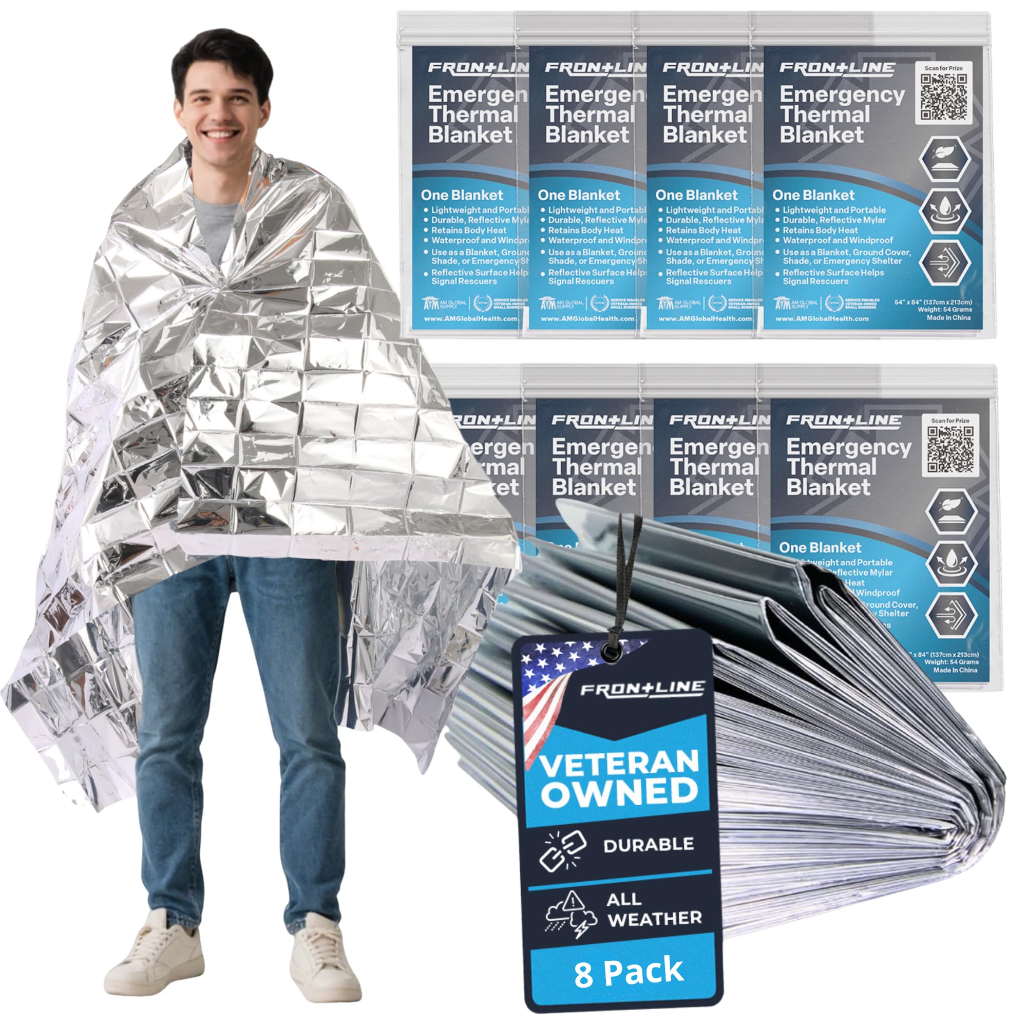 FRONTLINE Emergency Thermal Blankets Large 54" x 84" Mylar Blankets Survival Gear Camping Gear Emergency Space Blanket First Aid for Survival (8)