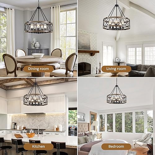 Miniatura 4 de Candelabro de granja para comedor, 5 luces, color negro, rústico, tambor, 20 pulgadas, textura de madera, lámpara colgante ajustable para cocina,