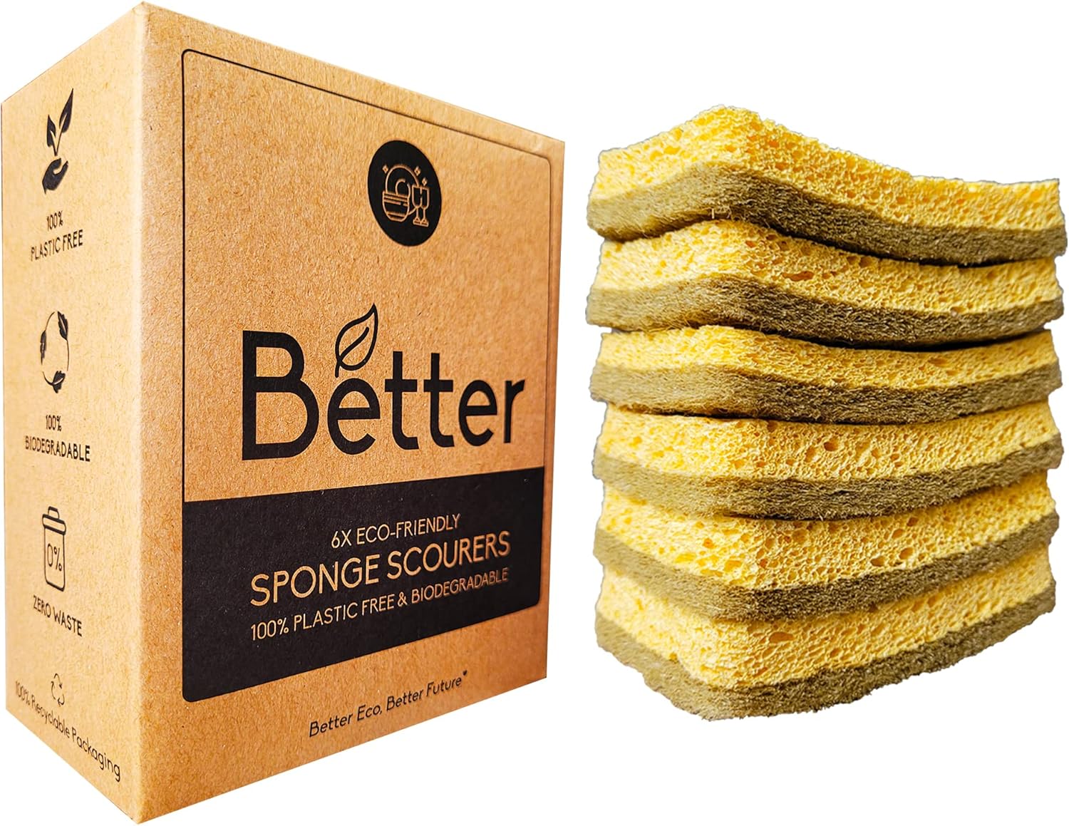 Better Eco 100 Plastic Free & Biodegradable Washing up Sponges 6x