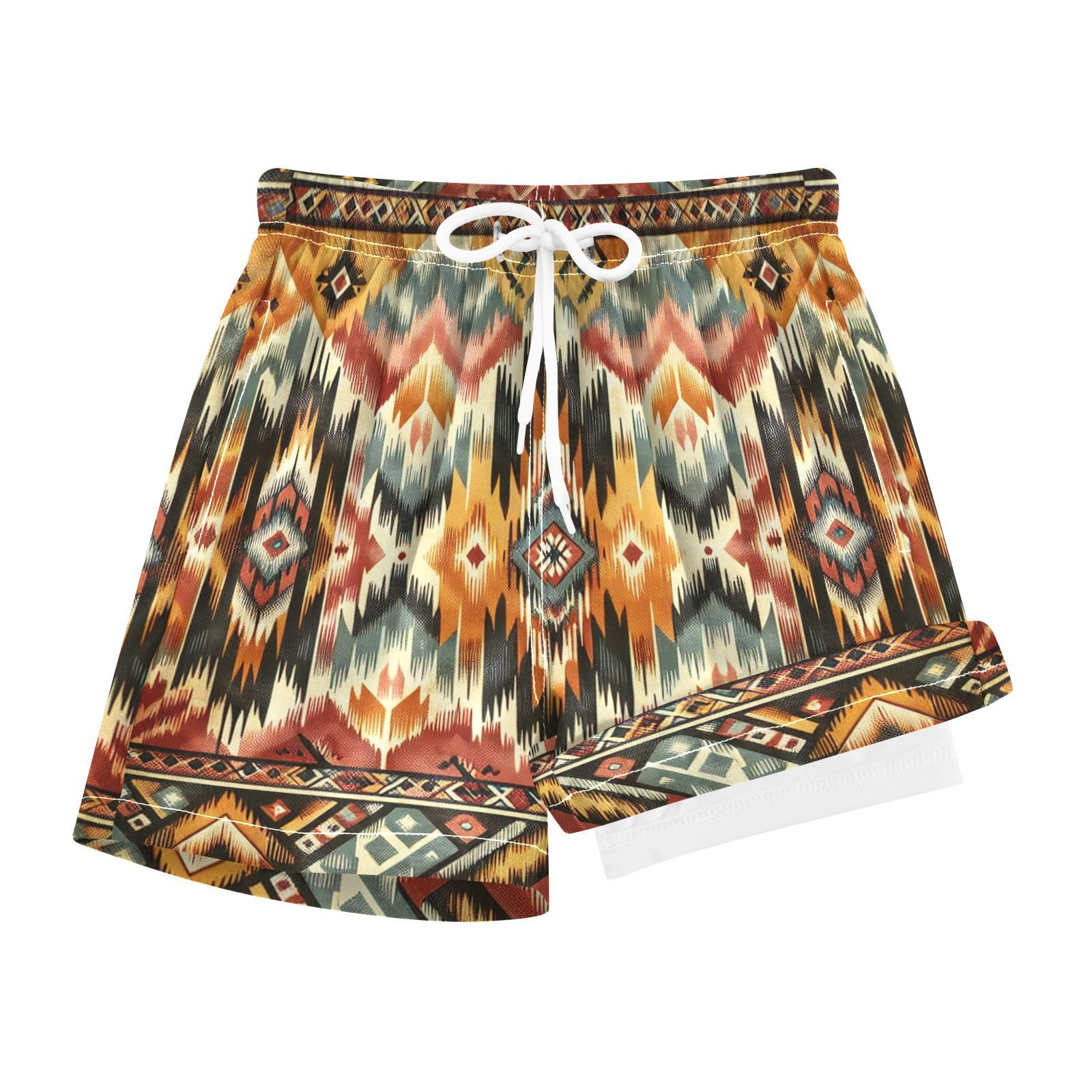 YANENDIE Boy Swim Trunks with Compression Liner Aztec Print Boys Swim Shorts Quick Dry Beach Shorts
