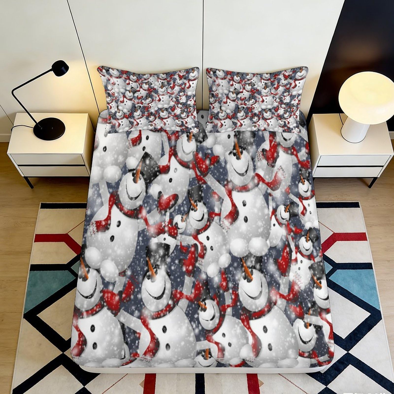 Uynsixtme Style-9 3D Printed Snowman Fitted Sheet Microfiber Deep Pocket Non-Slip Bedroom Bedding Snowman Mattress Fitted Cover Washable Elastic Hem 200X200x25cm