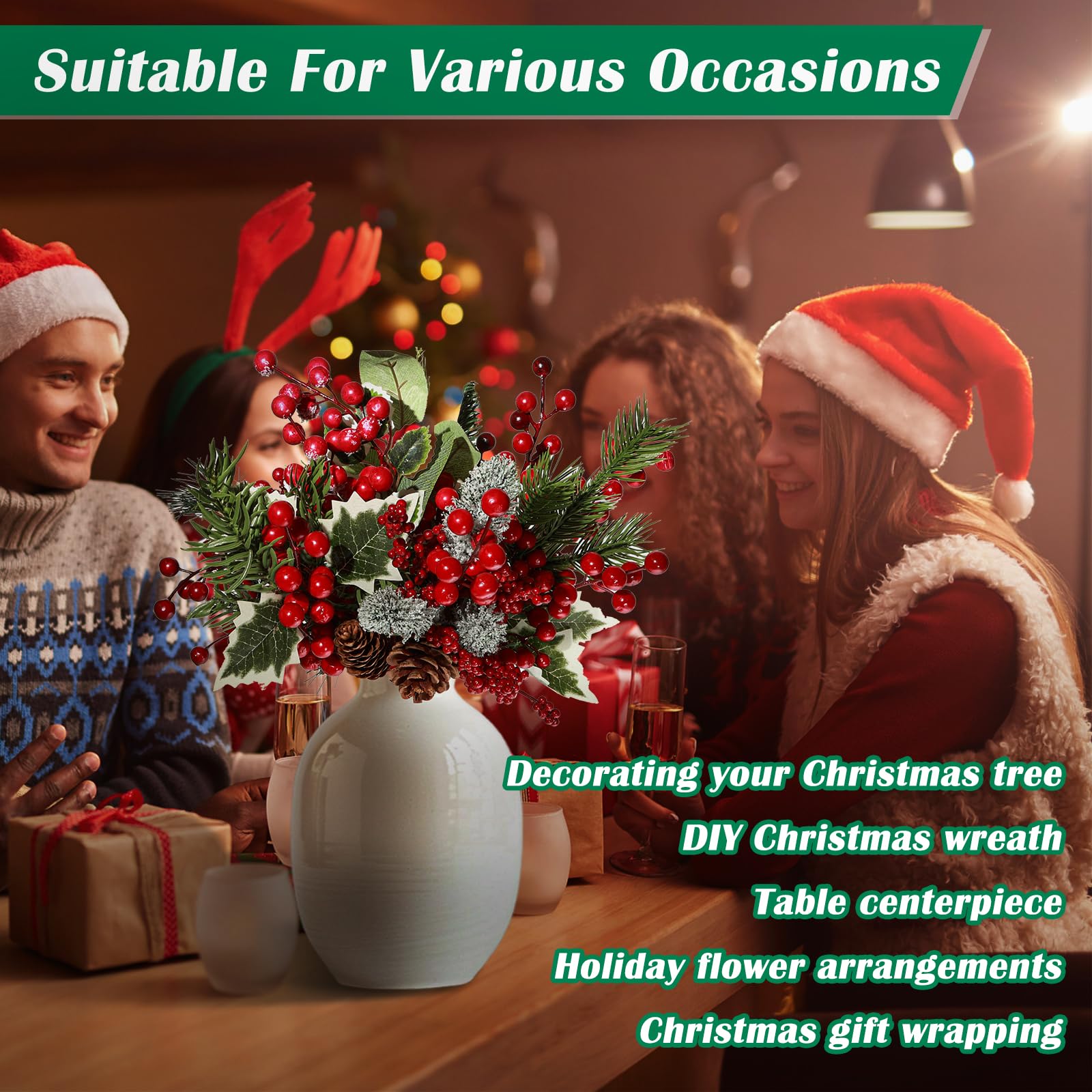 GoClimber Paquete de 12 púas artificiales para árbol de Navidad, 12 pulgadas, surtido de bayas rojas y pinos con piñas para arreglos florales de Navidad, corona, decoración de temporada de vacaciones