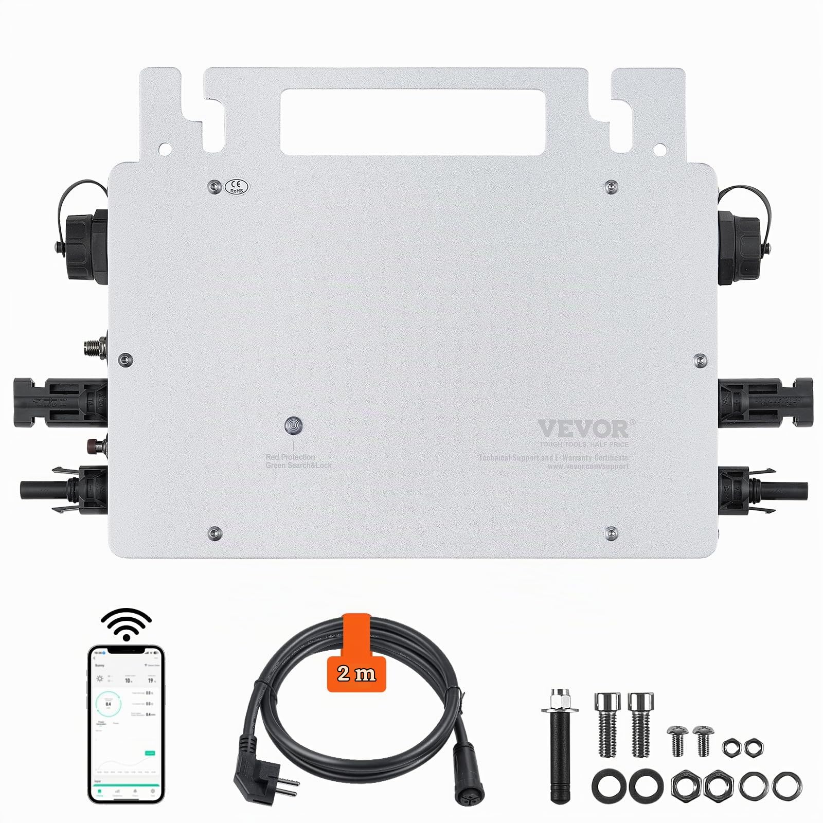 VEVOR Micro Onduleur Solaire Lié au Réseau 800 W Micro-onduleur Solaire Étanche IP65 Alliage d'Aluminium Tension CC 18-50 V avec Antenne APP WiFi Cordon d'alimentation pour Systèmes Panneaux Solaires