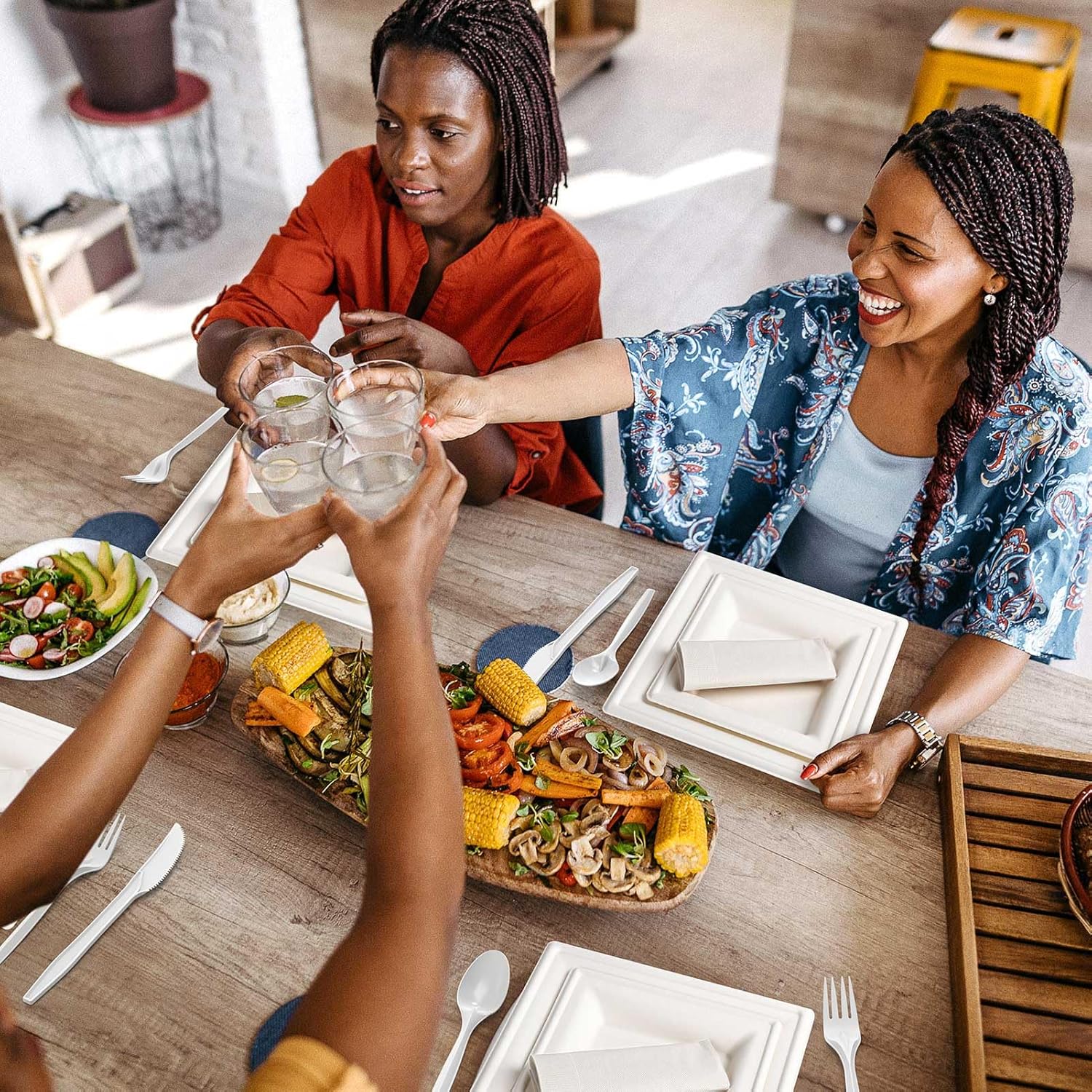 Gezond Compostable Paper Plates Set 300pcs Disposable Sugarcane Plates 10 Inch Eco-friendly White Square Plate with Napkins Biodegradable Heavy-duty Utensils for Party - Image 6