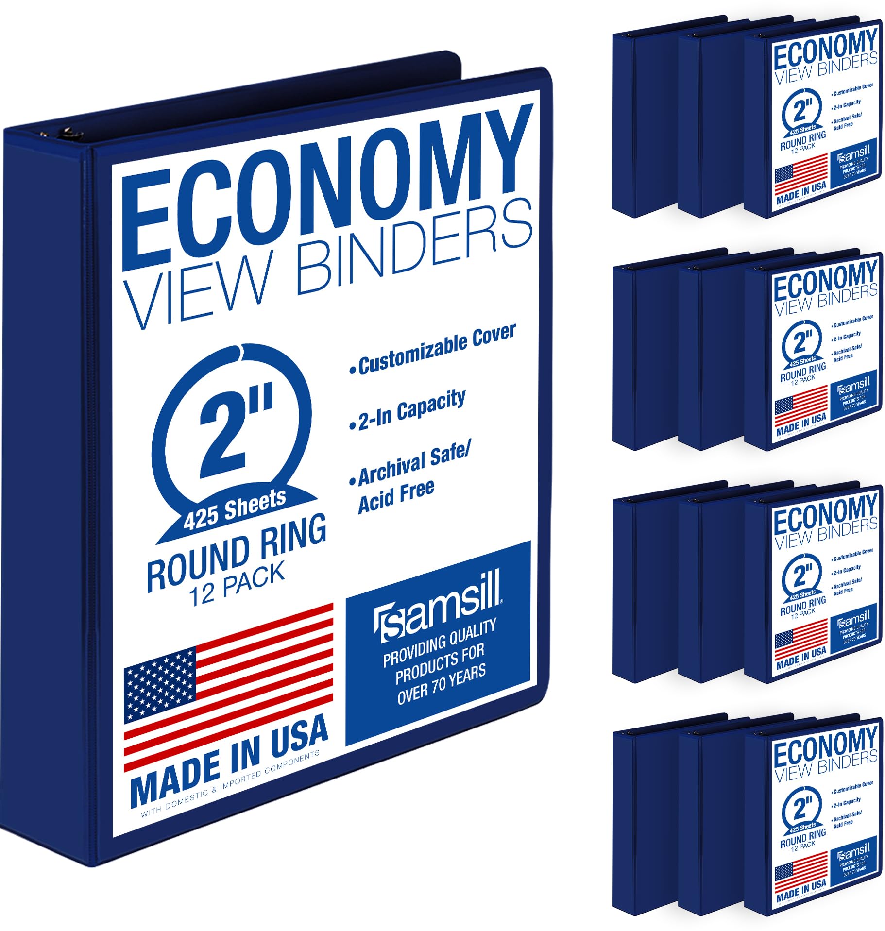 Samsill Raccoglitori a 3 anelli da 5 cm, realizzati negli Stati Uniti, con anello rotondo economico, copertina trasparente, capacità 425 fogli, per scuola, casa, ufficio, blu, confezione da 12