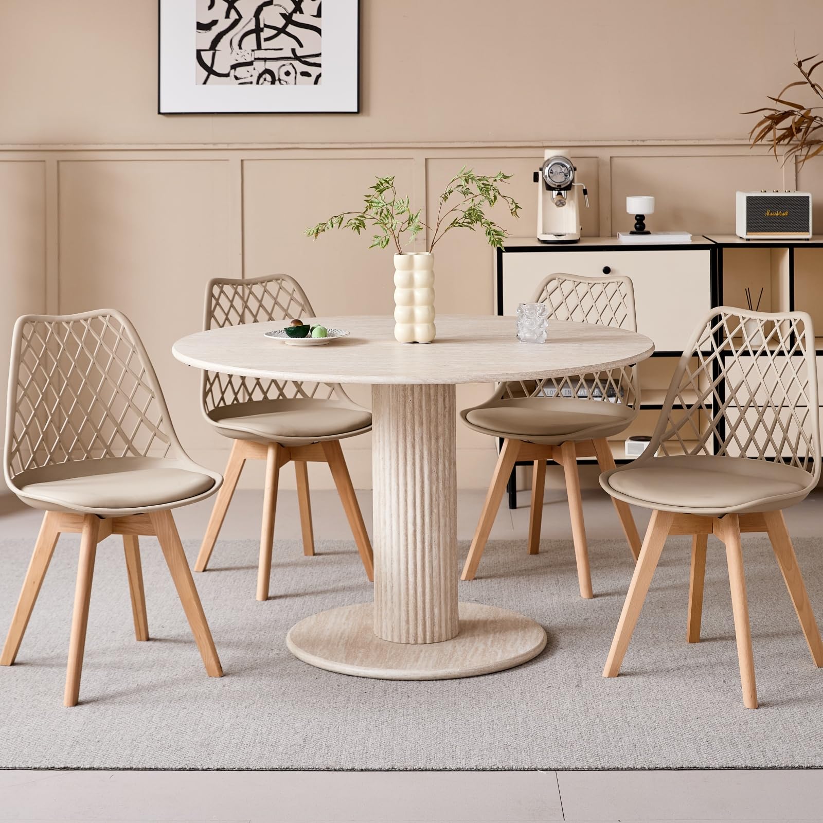 Table à Manger Ronde, Pieds Cylindriques, Aspect Marbre, Design Minimaliste Moderne, pour Salon ou Cuisine, 115 x 115 x 75 cm - Travertin Jaune