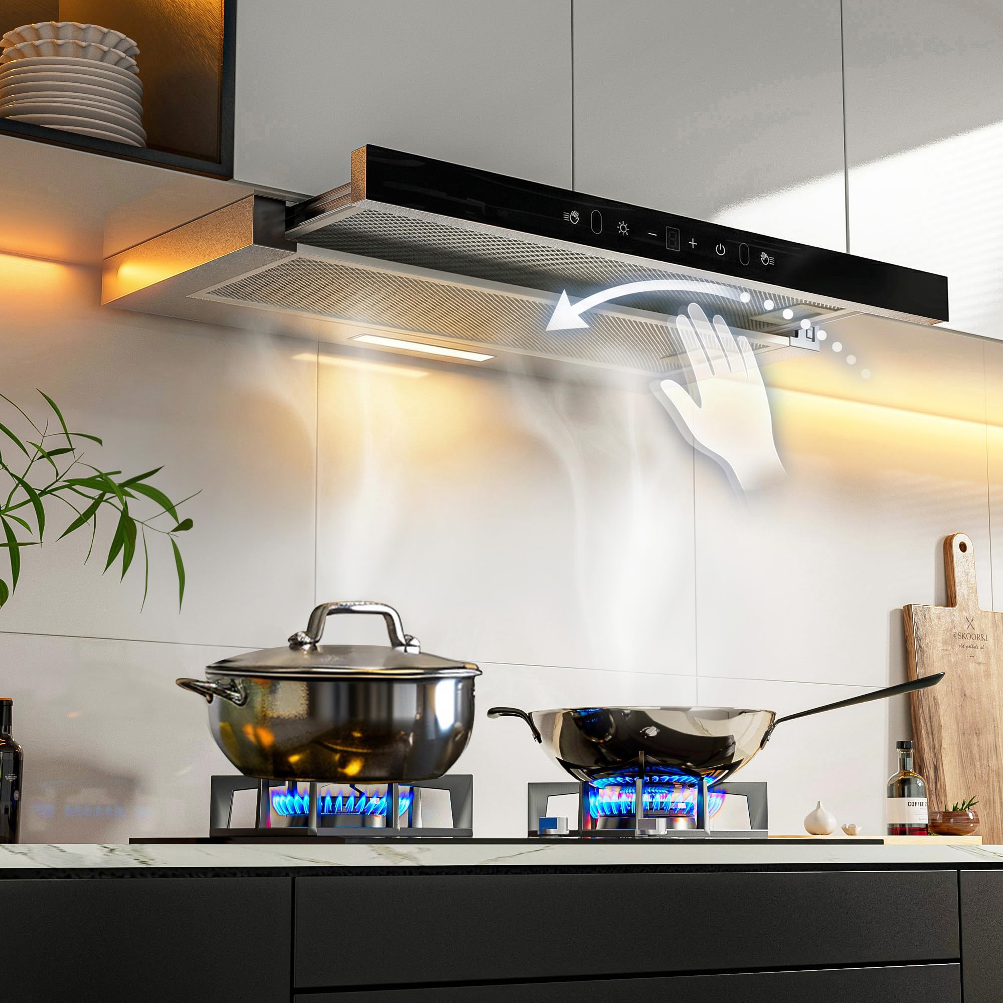 Range Hood 30 Inch Under Cabinet, Kitchen Hood with 750 CFM, 3-Speed Gesture Sensing & Touch Control, Stainless Steel Vent Hood with Pull-out Panel, LED Lights, 2 Pcs Aluminum Filters