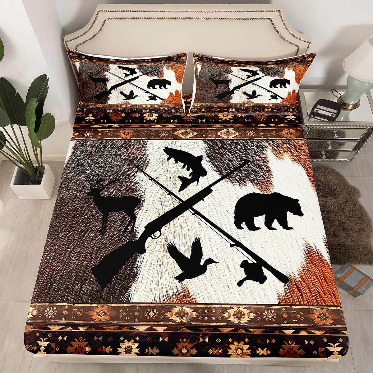 Homewish Juego de sábanas bajeras rústicas, tamaño King, estilo casa de campo, estilo casa de campo, estampado de piel de vaca, oso, ciervo, pez, pato, para niños, adolescentes, niñas, caza, pesca