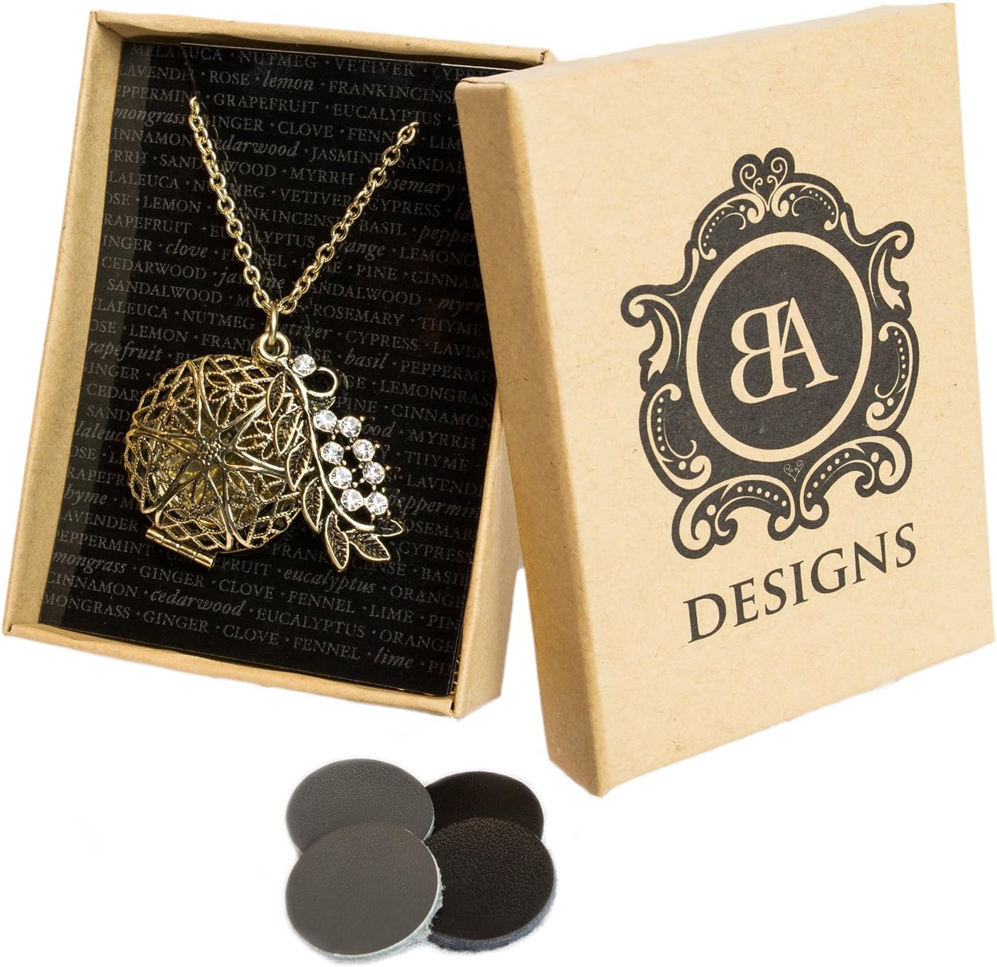 BA Designs Oil Diffuser Locket Necklace with 4 Leather Discs 30 Chain with Diamond Leaf - Antique Bronze