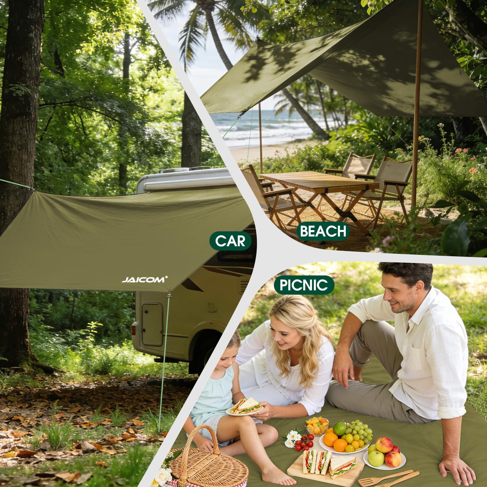 JAICOM Toldo Camping Impermeable, 3.6x2.9m Tarp - Ultraligero y Resistente al desgarro Toldo de Refugio, con Clavos de Aluminio, Cuerdas de Nylon, Clip para Lona, para Al Aire Libre, Picnic