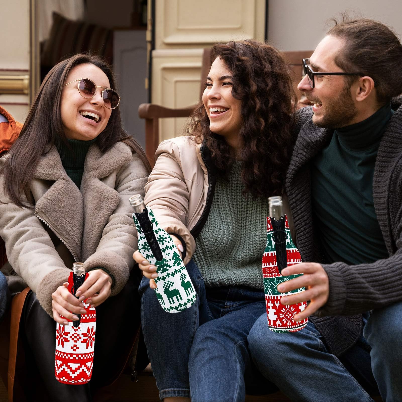Whaline Weihnachts-Bierflaschenkühler - 6er Set Mit Hässlicher Pullover-Optik In Rot/Grün