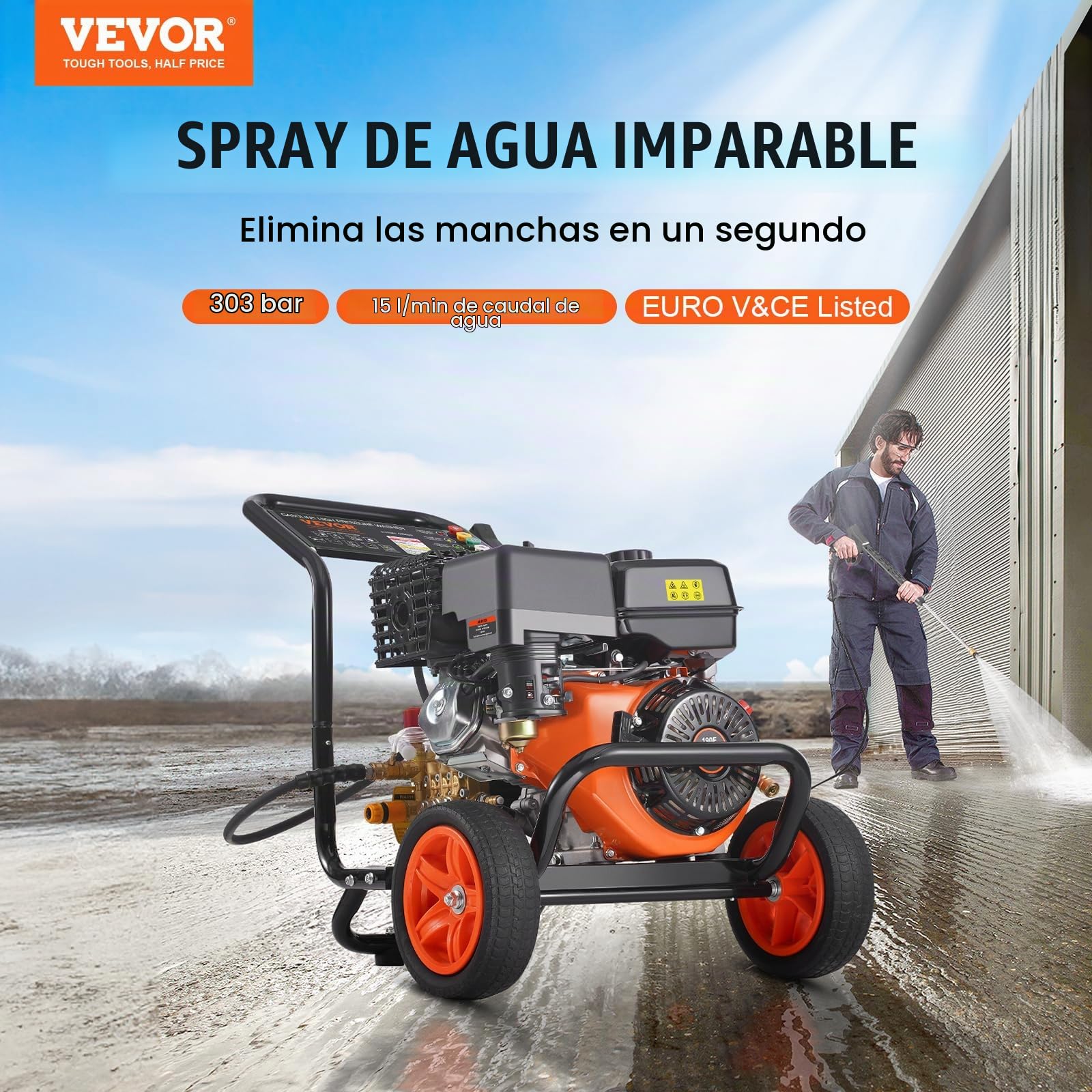 VEVOR Lavadora de Alta Presión a Gas 4400 PSI Limpiador de Alta Presión 15 L/min con Bomba de Cobre, Pistola Rociadora, Varilla de Extensión, 5 Boquillas para Casas, Vehículos, Patios