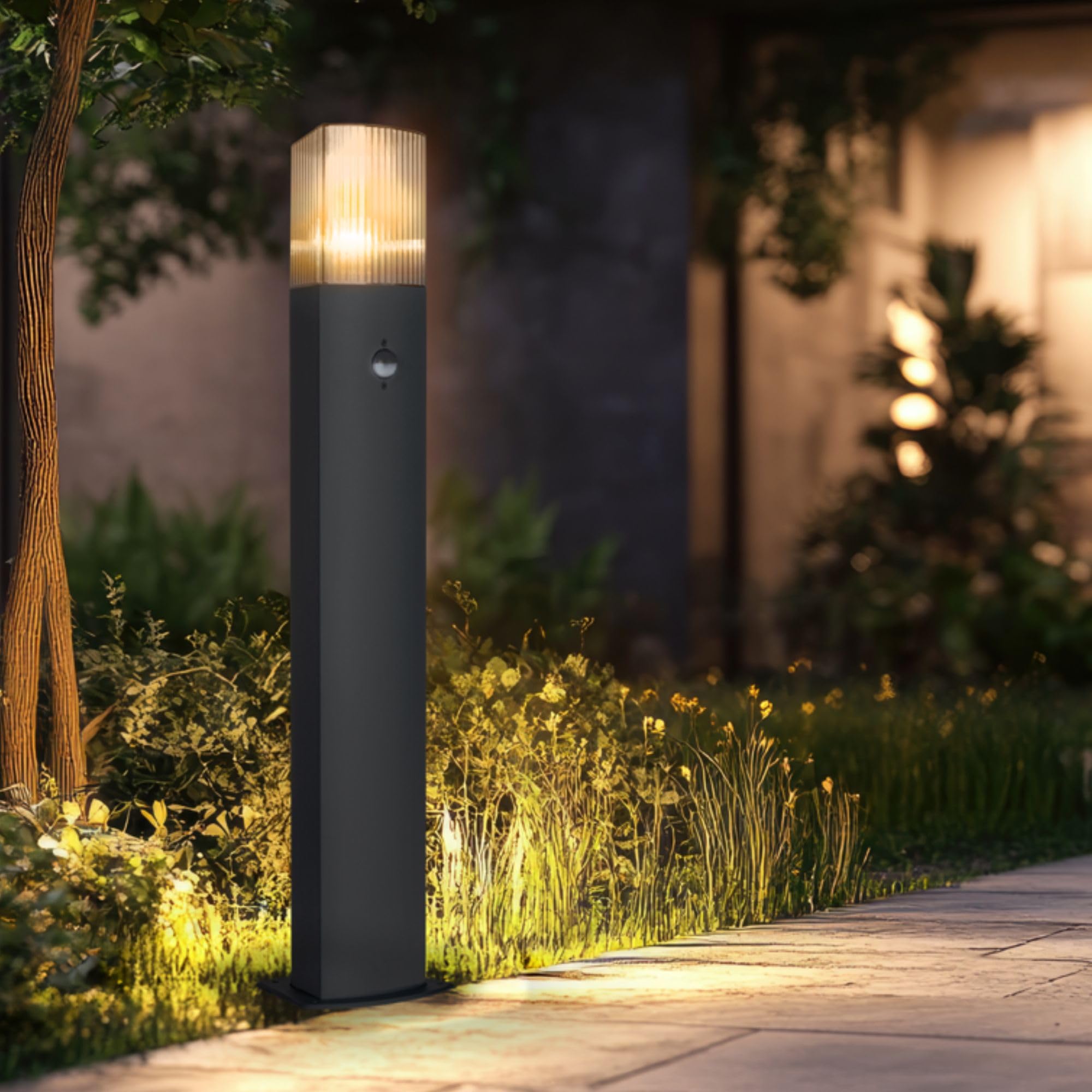 Paletto Luce da Giardino Esterno per Sentieri Vialetti Terrazze IP54 Palo Lampada da Terra Esterno Illuminazione Esterna Base E27 Lampadina non Inclusa (con sensore di movimento)