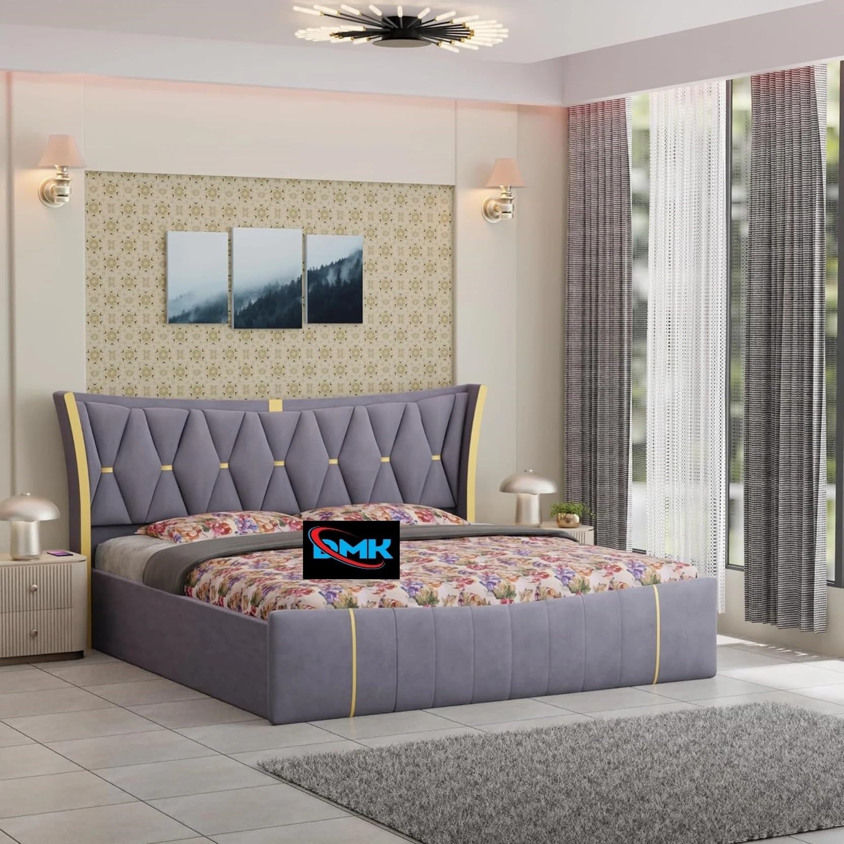 Upholstered Engineered Wood King Size Double Bed with Box Storage | Strong Wooden Cot with Fabric Headboard for Bedroom, Guest Room and Hotel Rooms | Modern Box Bed Furniture (Grey)-image-43