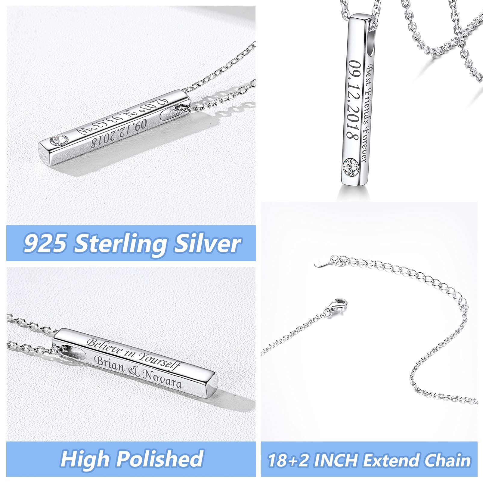 Silvora Halskette mit vertikalem Stab, Sterlingsilber, personalisierbar, schlichter Halsschmuck für Damen und Mädchen