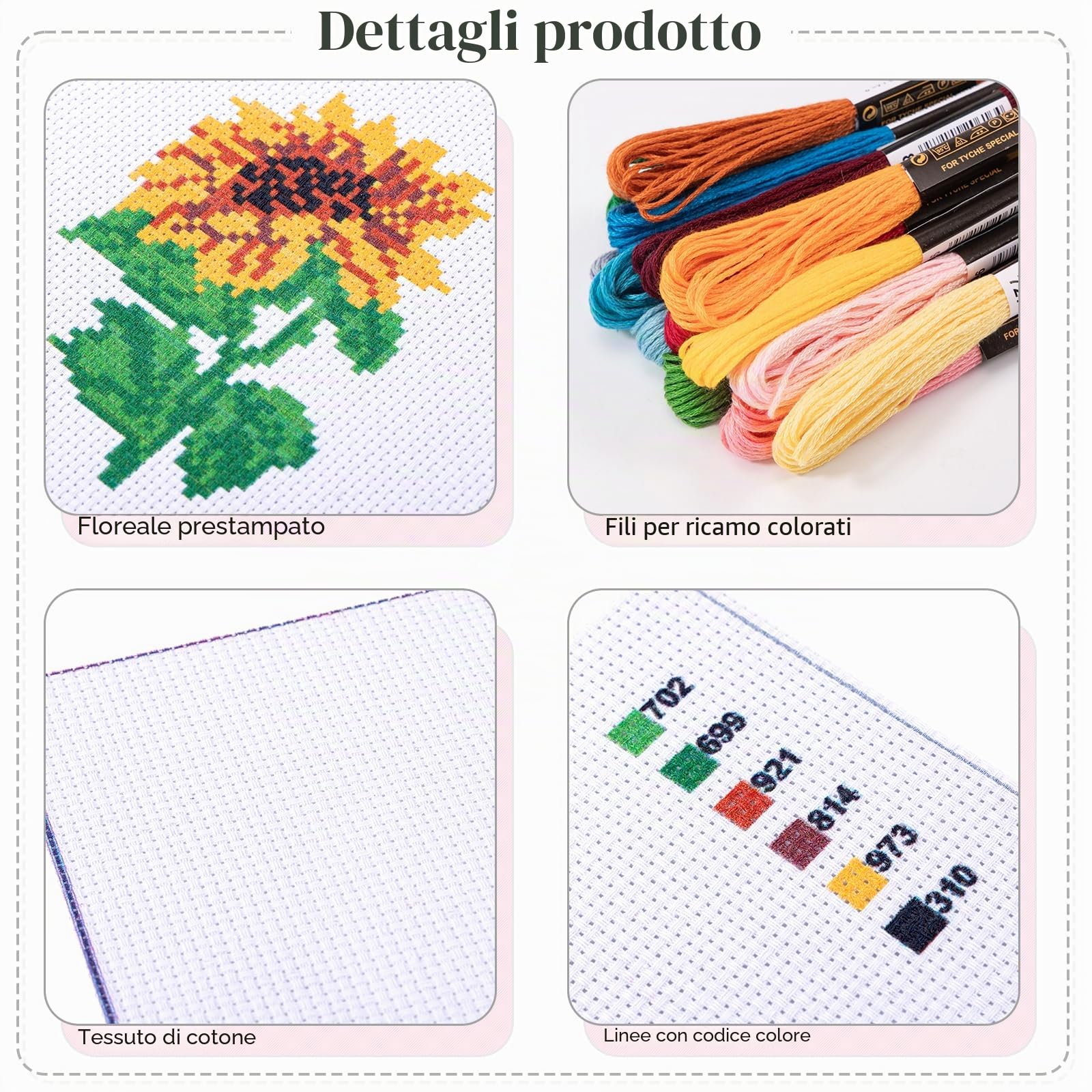 JSRQT 6 pezzi Fiori Kit Punto Croce per Principianti Adulti Bambini, Kit per Ricamo a Punto Croce Fatto a Mano per Amanti Fai da Te con Strumento, 2 Telai da Ricamo, Istruzioni, Ago e Filo