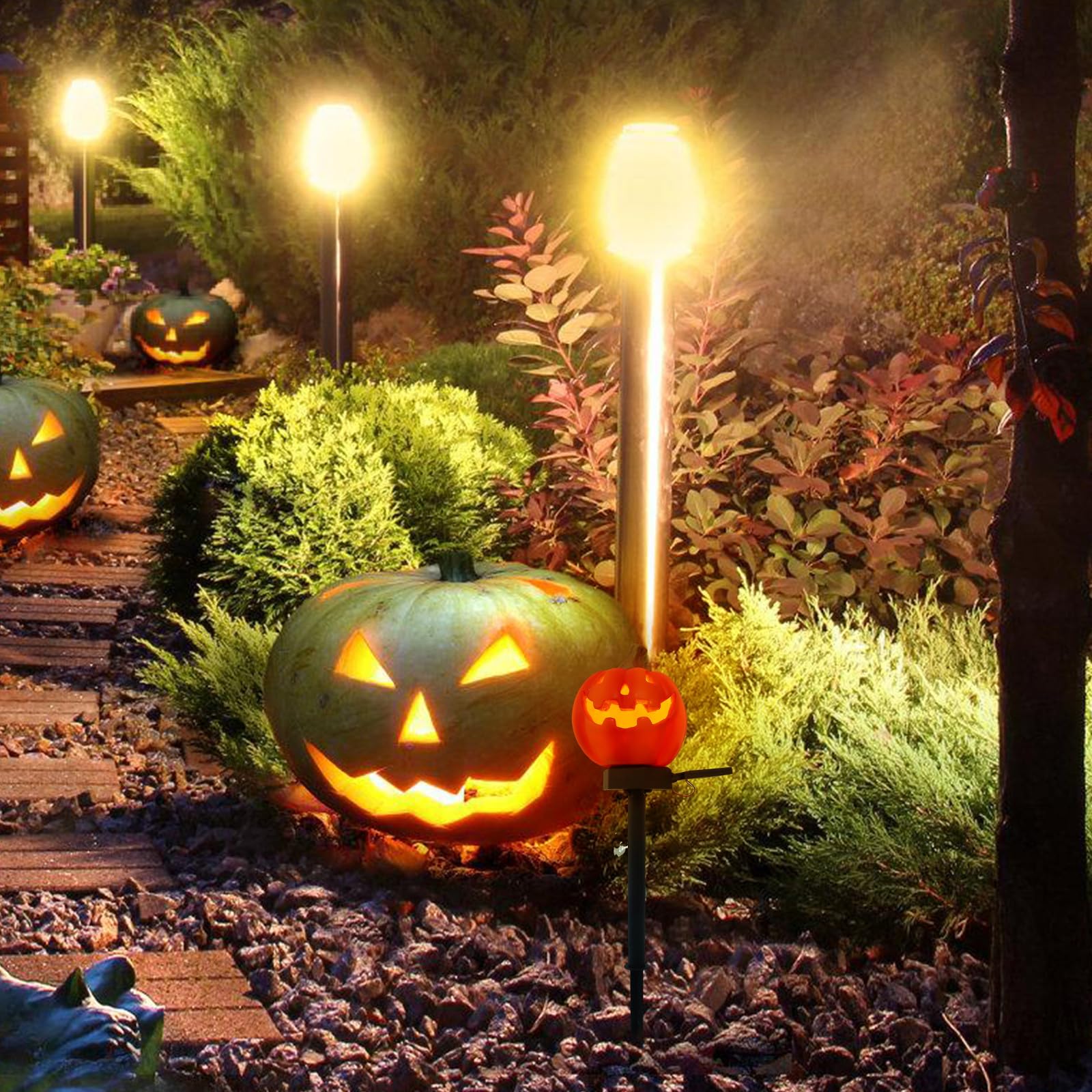 Halloween Geschenkideen Solar Gartenstecker Kürbis 2 Stück Ip55 Außen | Kunststoff und Kunstharz, Automatische Aufladung, für Rasen und Blumenbeet, Dekorative Lichtquelle