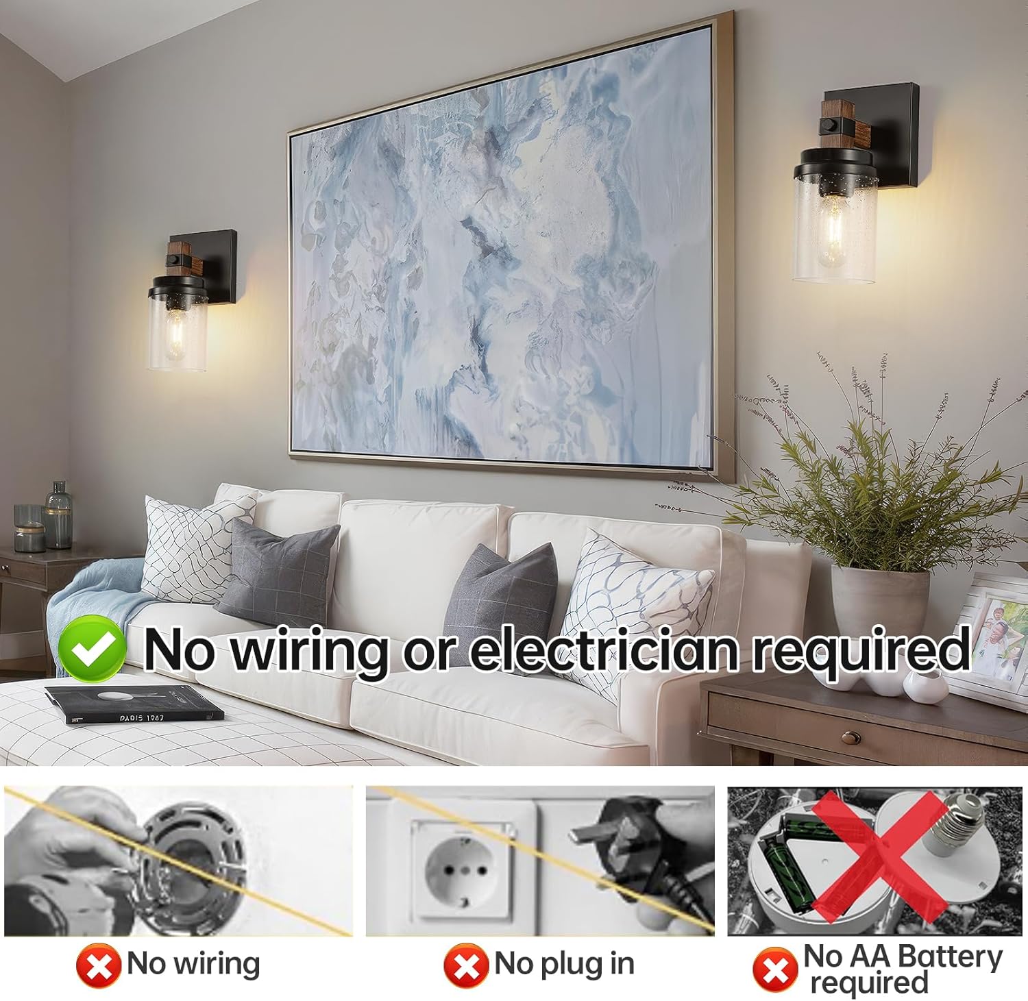 Battery Operated Wall Sconce Set of Two, Rechargeable Wall Light, Wood Grain Farmhouse Cordless Wall Lamp, Seeded Glass Shade Battery Powered for Bedroom Living Room Bathroom Hallway, Bulb Included