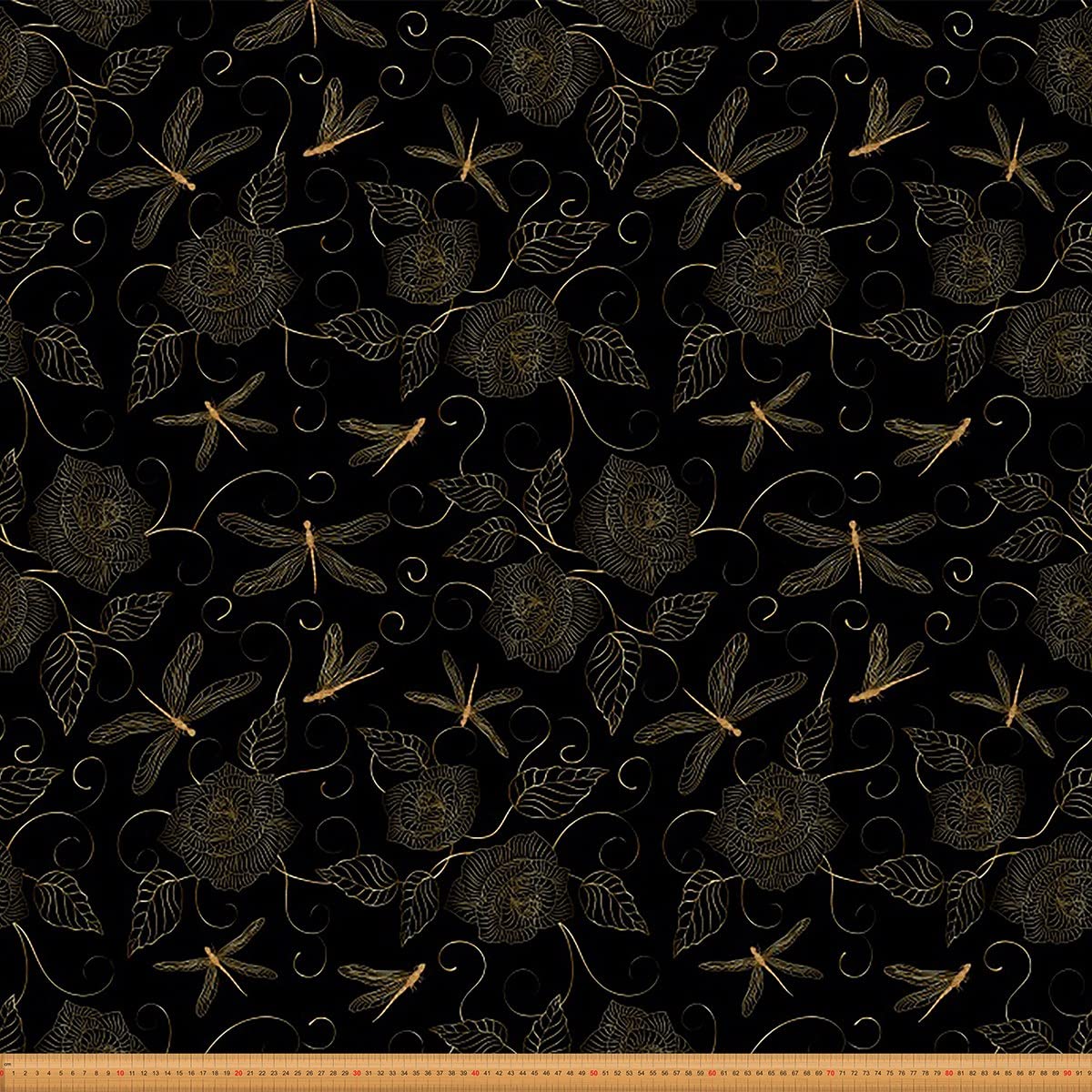 Dragonfly Upholstery Fabric,Luxury Rose Floral Fabric by The Yard,Ornamental Dragonfly Fabric for Upholstery and DIY Projects,Outdoor Fabric,1 Yard,(L92*W150cm) Golden Black